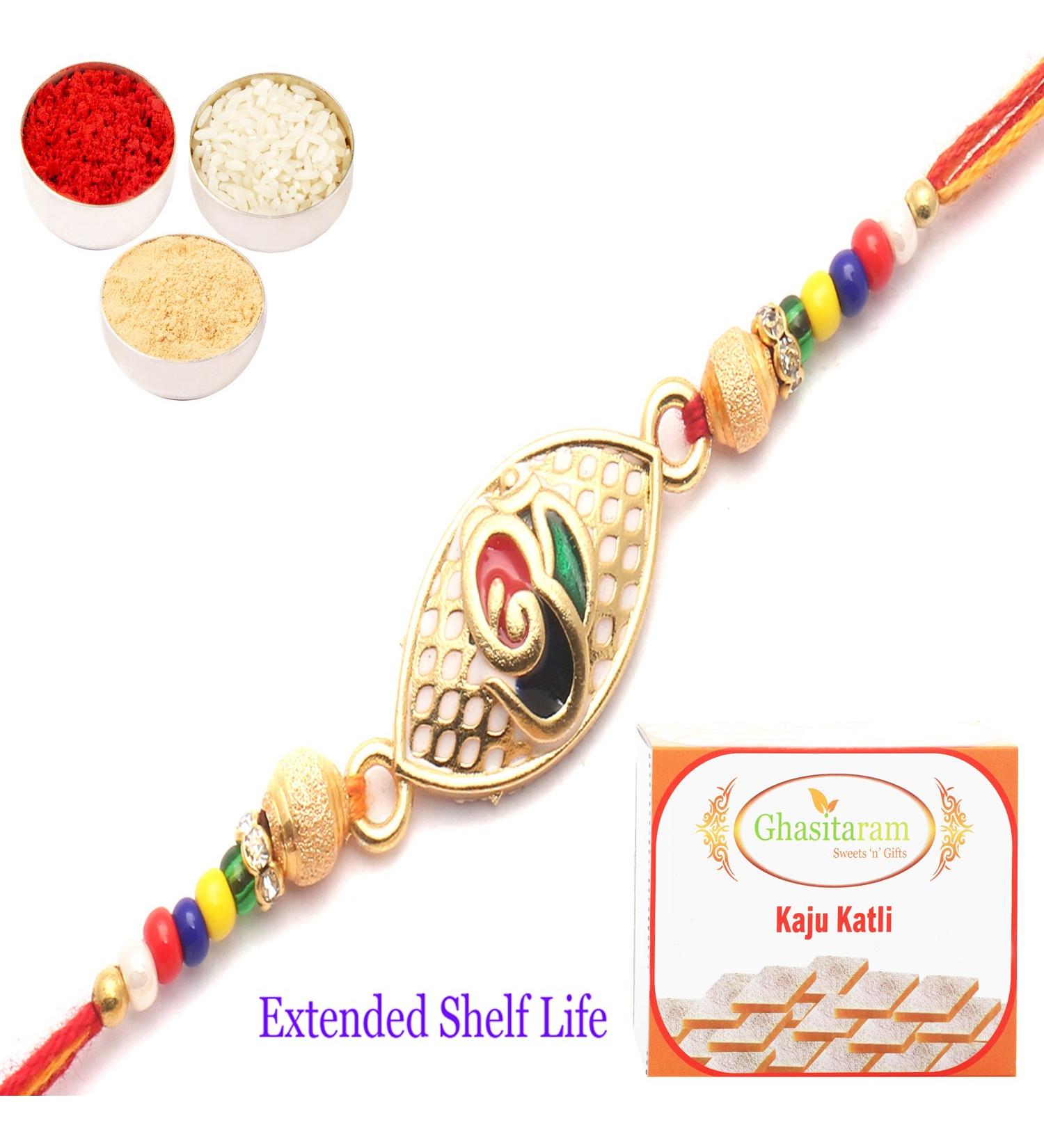 Rakhi for Brother Rakhis Online-The Divine Colourful Blessings of Om Rakhi with 200 GMS of Kaju katli