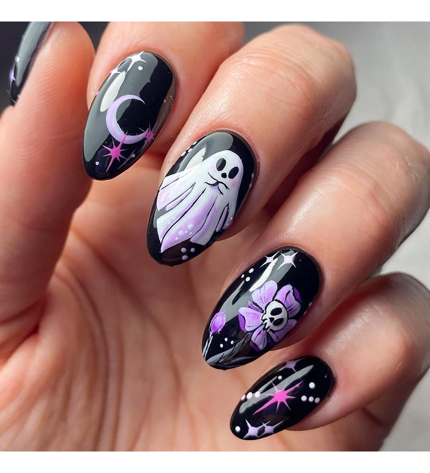 24pcs Halloween Press on Nails - Cute Ghost & Skull Designs - Short Almond Black & Purple Fake Nails for Women & Girls - Perfect Halloween Nail Art - Buy Online on GoSupps.com