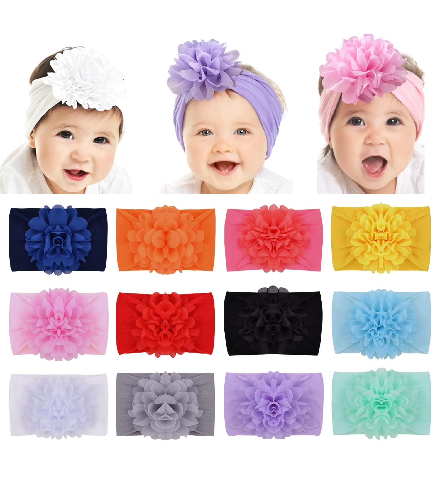 DOOBOI 12pcs Baby Girls Nylon Headbands with Chiffon Flower Bows - Hair Accessories for Newborns & Kids - Buy Online on GoSupps.com