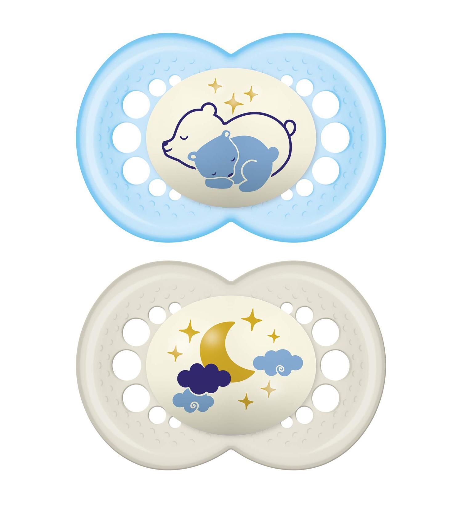 MAM Night Pacifier for 6+ months (2 pack 1 Sterilizing Pacifier Case) MAM Glow in the Dark Soother with a Soft Silicone Nipple Baby Essentials Baby Boy Designs May Vary Boy Night Pacifiers - Buy Online on GoSupps.com