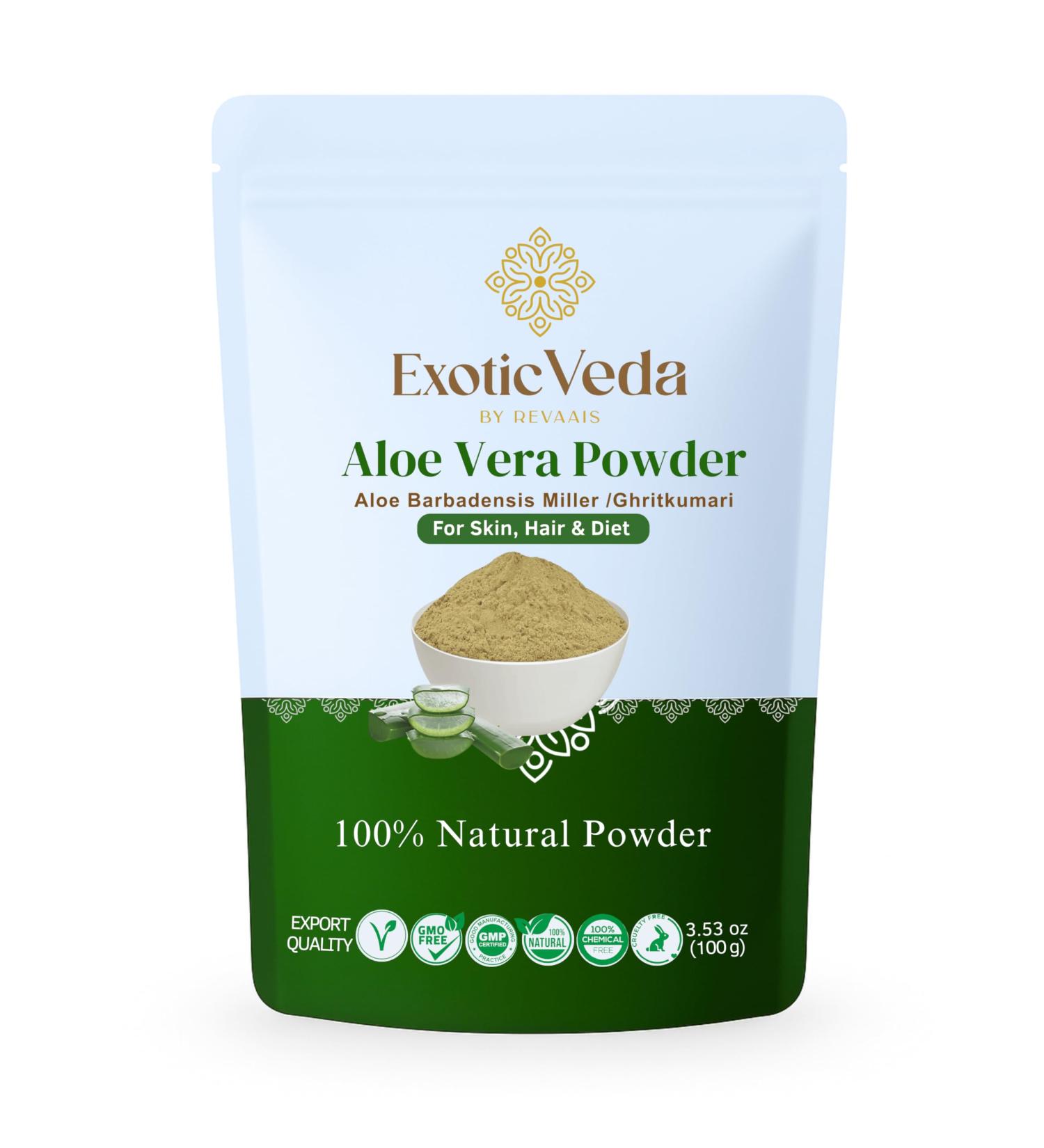 Exotic Veda Aloe Vera Powder 100g | Pure & Natural | for Skin Hair & Wellness | Non-GMO Vegan Gluten-Free | DIY Face Packs Hair Masks & Smoothies - Buy Online on GoSupps.com