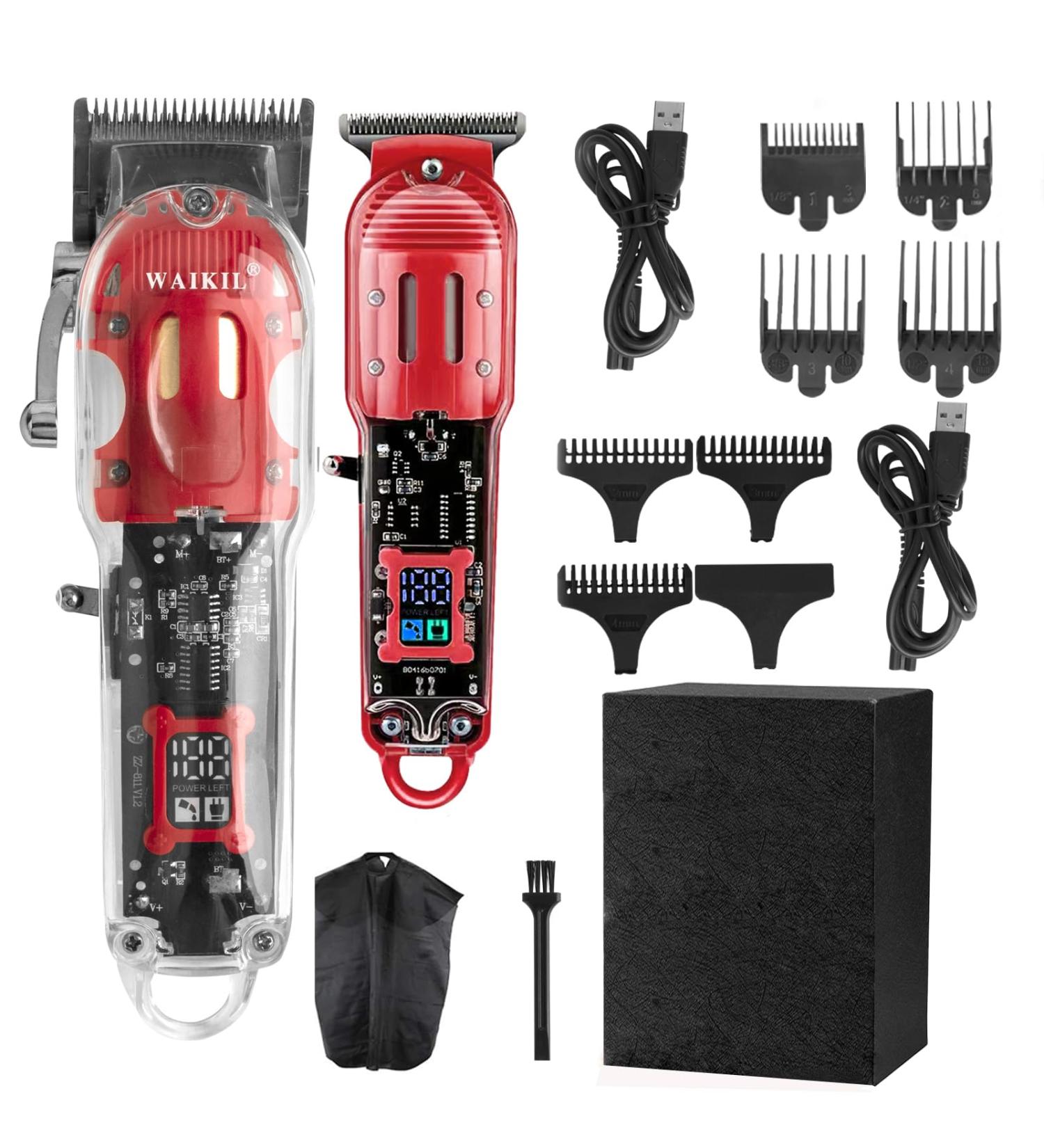 T3 Transparent Electric Hair Clipper for Men Professional Beard Trimmer Grooming Kit for Men Hair Cutting Shears for Men with 4-Position Adjustable Putter (Red)