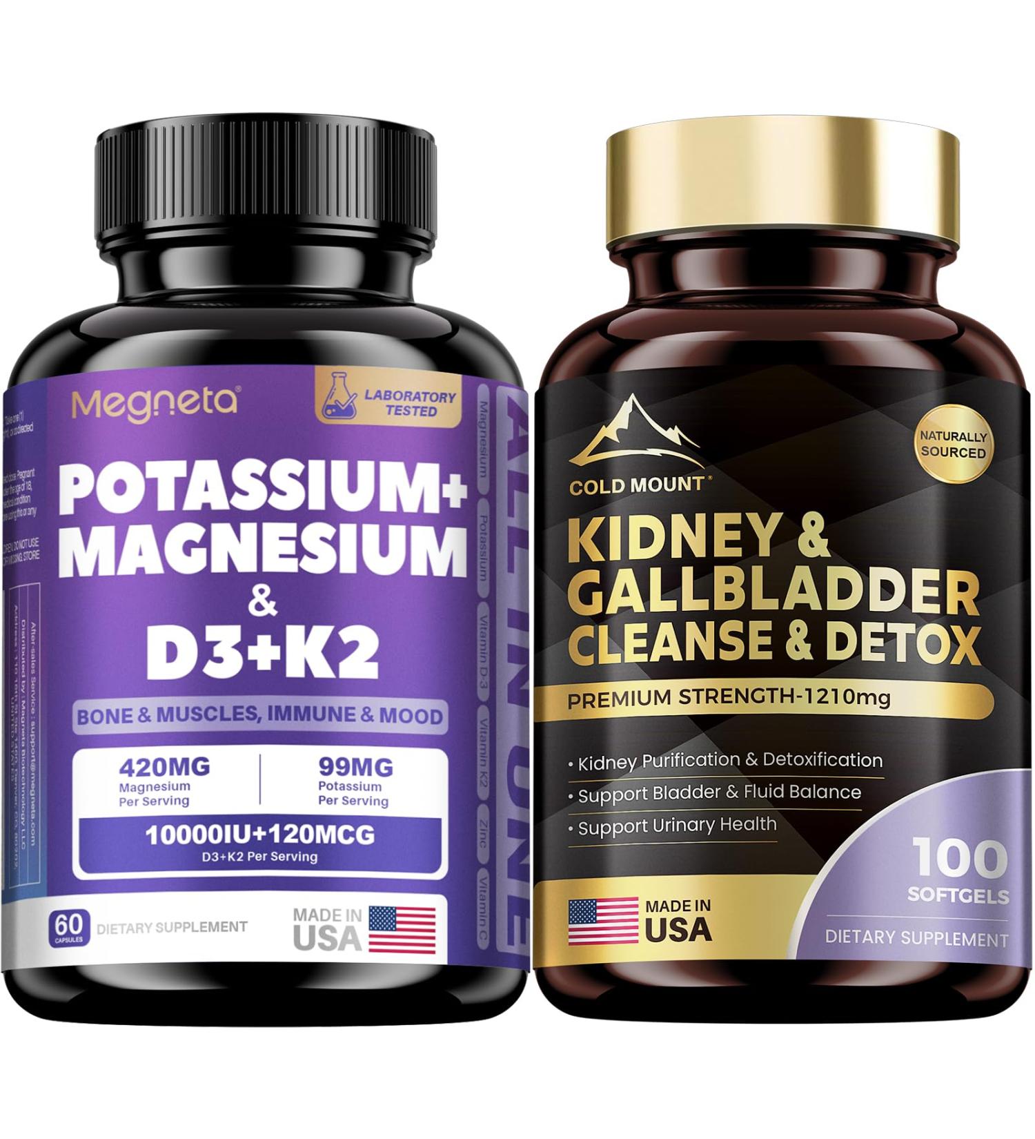 Magnesium Potassium Vitamin D3 K2 10000IU Supplement and Kidney & Gallbladder Cleanse Detox & Repair Supplement - Buy Online on GoSupps.com