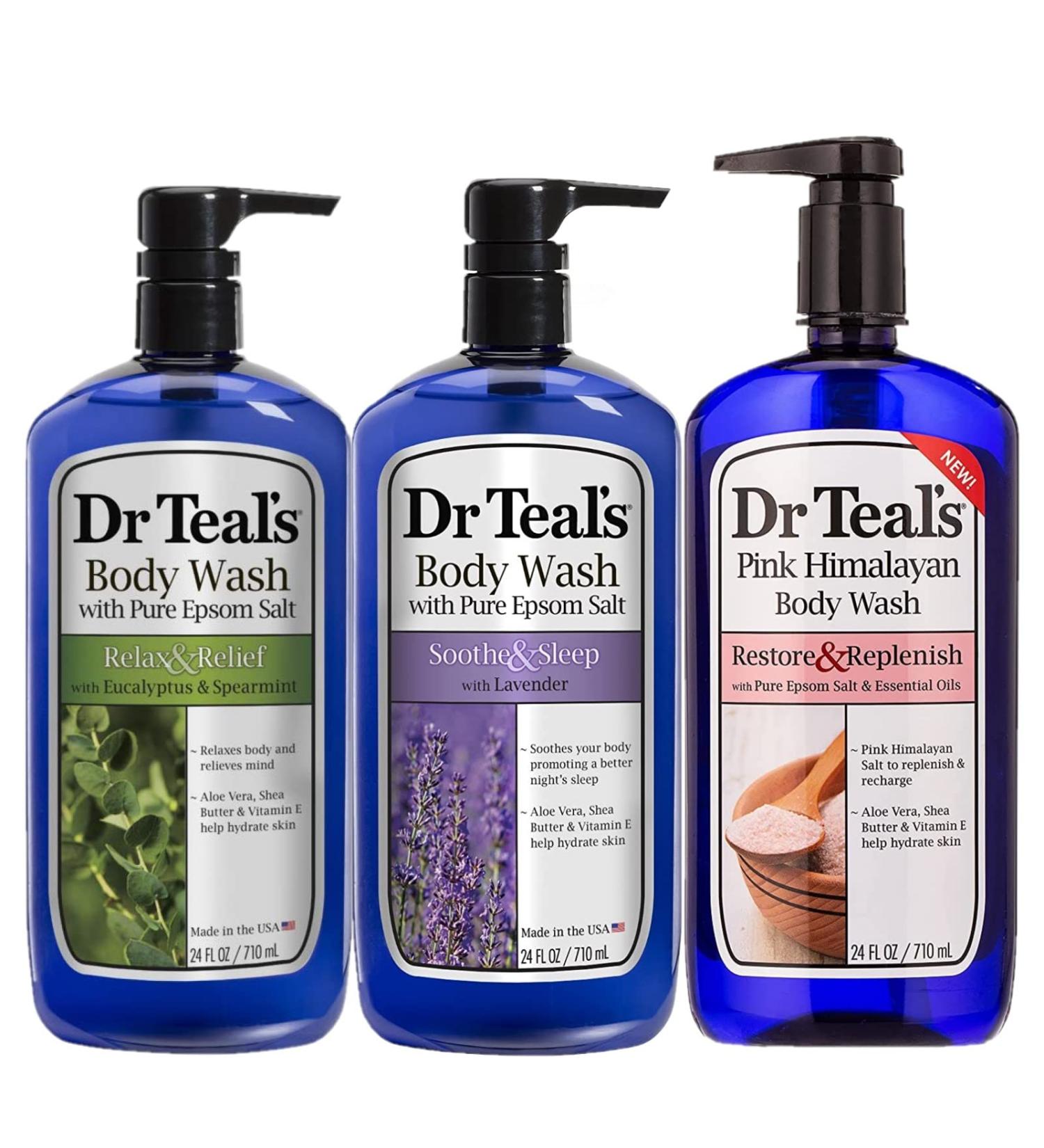 Dr Teal's Pure Epsom Salt Body Wash Gift Set - Lavender Eucalyptus, Spearmint, Pink Himalayan - 3 Pack 24oz - Essential Oils for Stress Relief, Soothing Senses - Buy Online on GoSupps.com