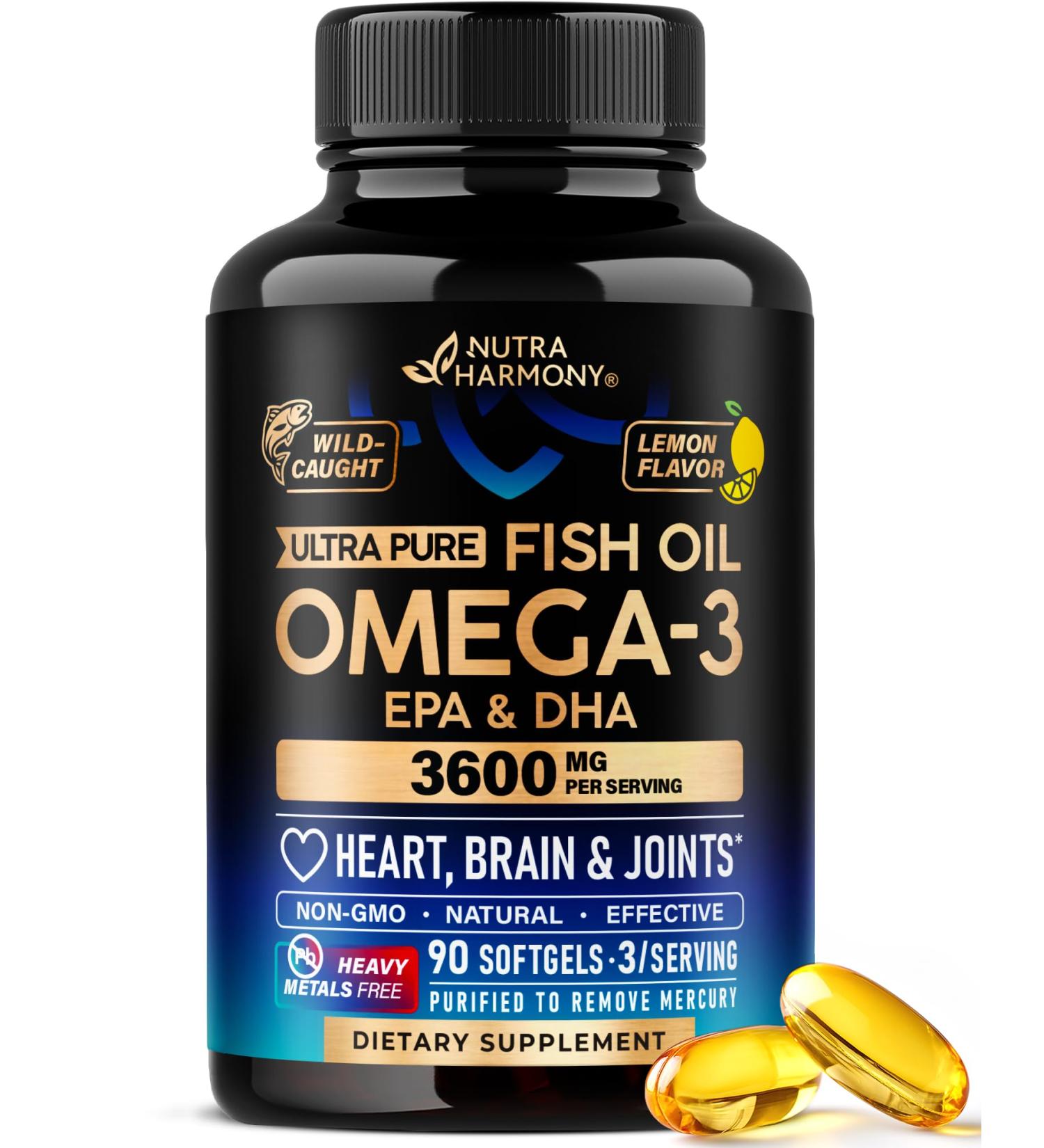 Omega 3 Fish Oil 3600 mg - Omega 3 Supplement | EPA & DHA - Heavy Metals Free - Heart Brain & Joint Support - Purified Fish Oil for Men & Women - Lemon Flavored - Made in USA 90 Softgels - Buy Online on GoSupps.com