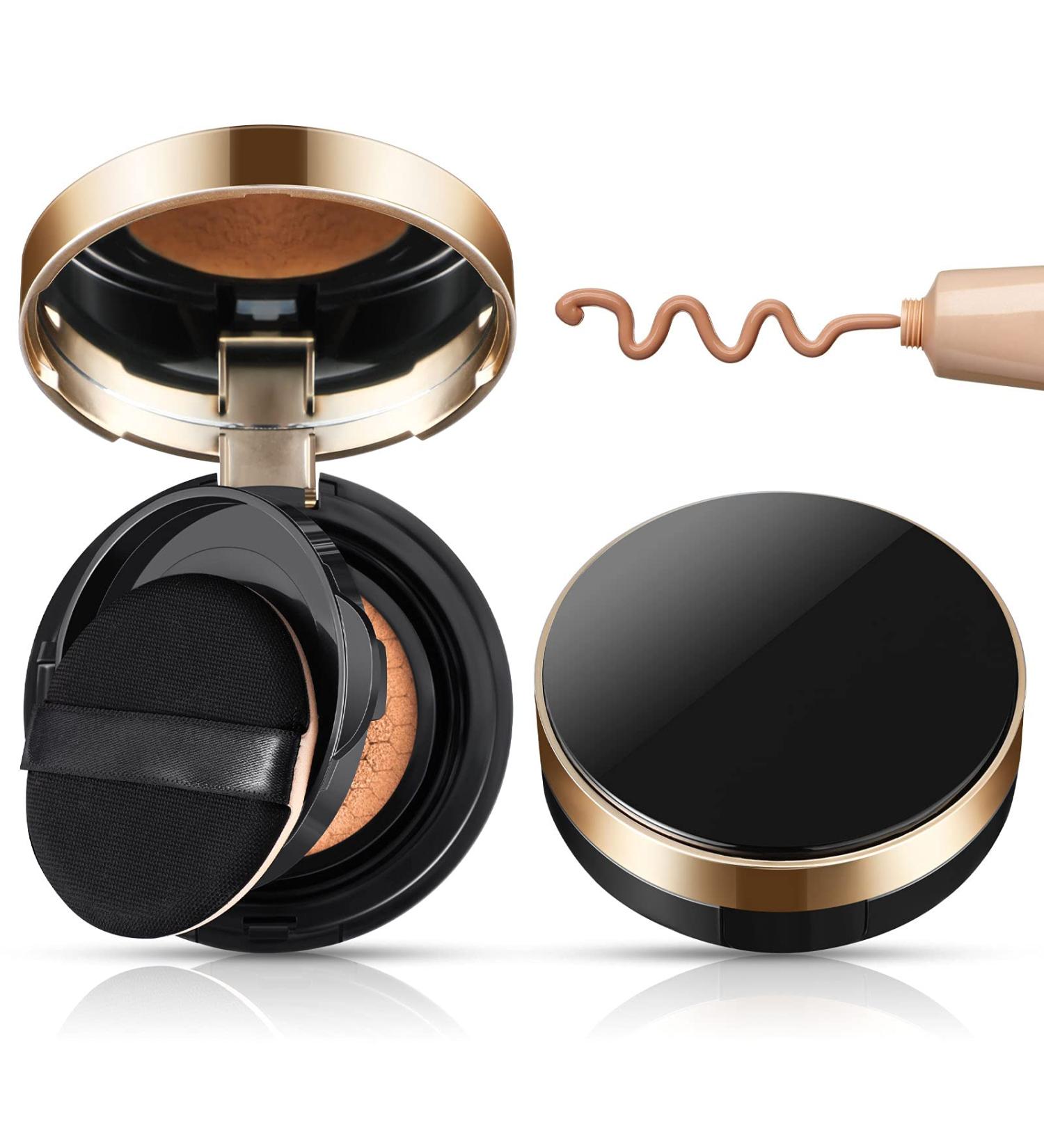 Portable Cushion Foundation Box with Refillable Powder Puff - 2 Piece Set for Women Travel - Black - 0.5 oz - Buy Online on GoSupps.com