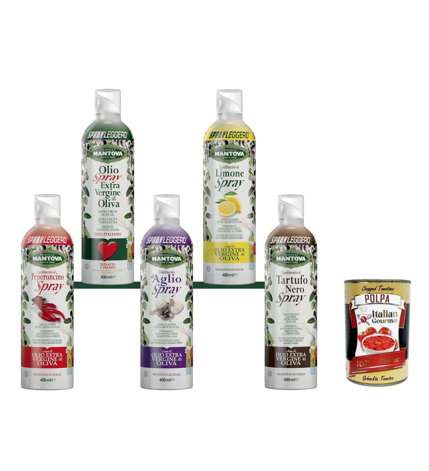  Italian Gourmet E.R. Set of 5 extra virgin olive oil spray bottles flavored with garlic lemon chili black truffle + 400g Italian gourmet polpa - Buy Online on GoSupps.com