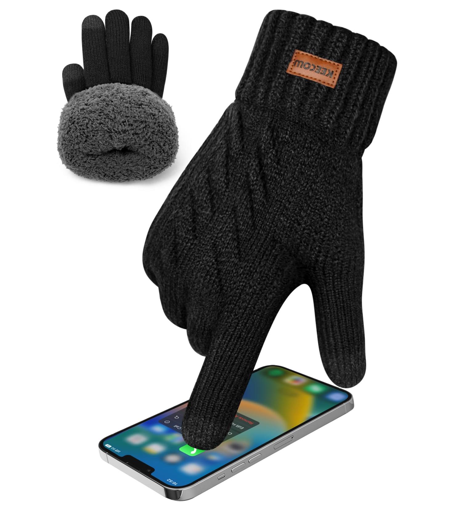 Keecow Men's Winter Touchscreen Gloves - Warm Thermo Fleece Knitting for Outdoor Sports & Running - Black - Buy Online on GoSupps.com
