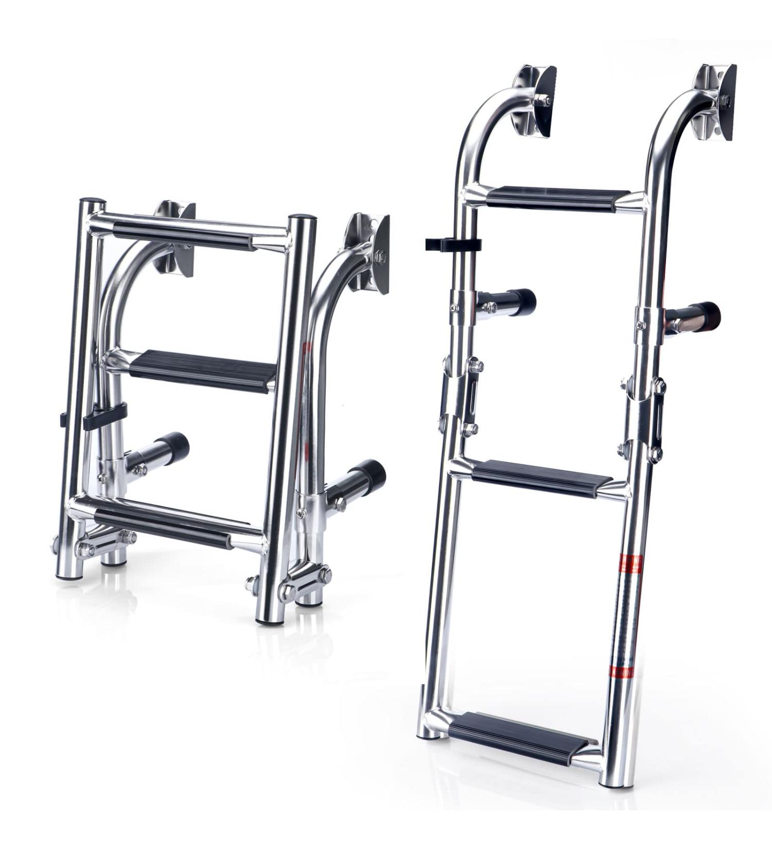Marinebaby Stainless Steel Folding Pontoon Boat Ladder | 3 Step Stern Mount with Rubber Grips | Portable and Foldable - Buy Online on GoSupps.com