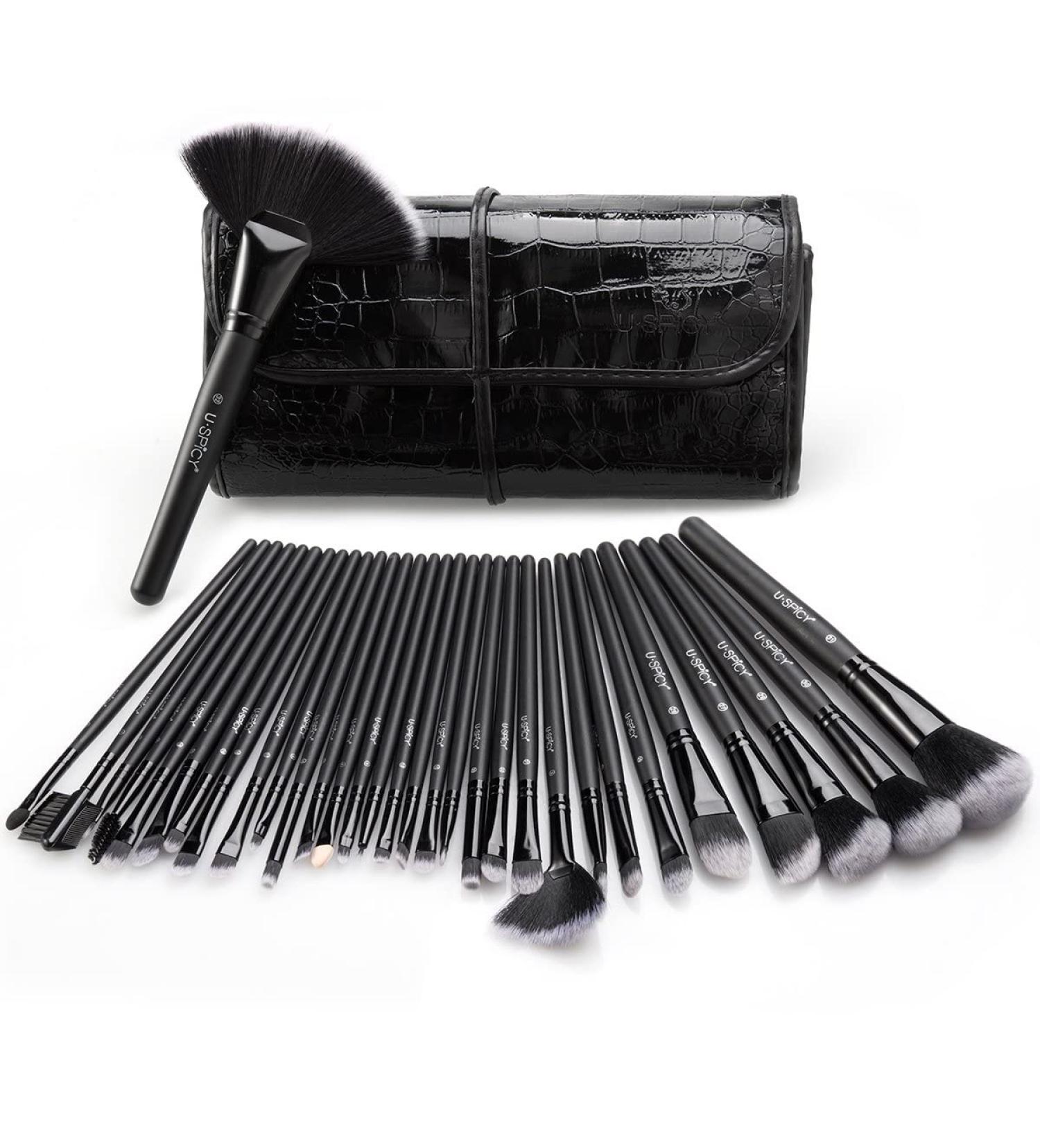 32 Pcs Premium Synthetic Makeup Brushes Set with Case - Professional Essential Cosmetics for Face, Eyes, Lips - Black - Buy Online on GoSupps.com