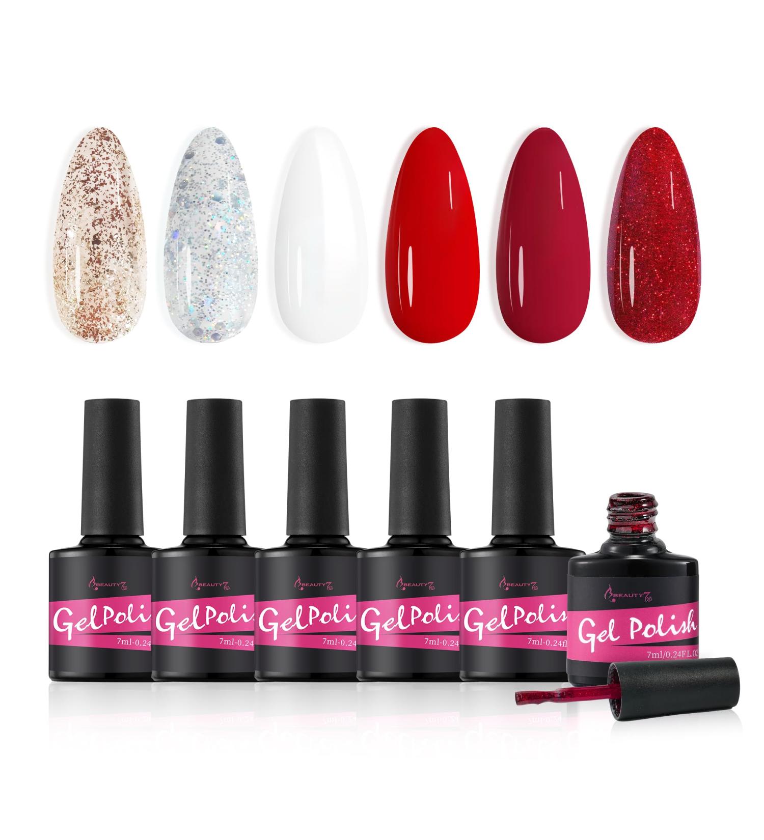 Beauty7 Gel Nail Polish Set 6 Colors Red Glitter Milky UV LED Gel Nail Polish Soak Off Nail Gel Nail Design Nail Art Set - Buy Online on GoSupps.com