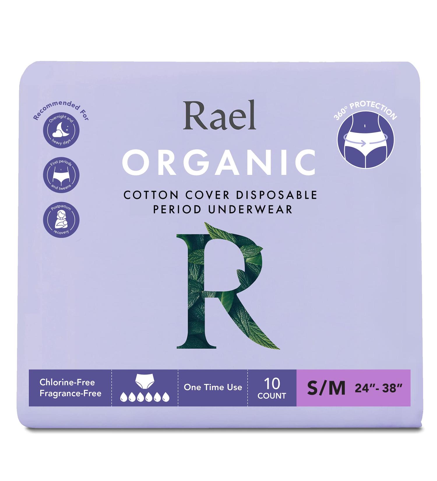 Rael Organic Cotton Cover Overnight Underwear - Panty Style | Unscented Disposable Period & Postpartum Underwear | Teen & Maximum Coverage (Size S-M, 10 Count) - Buy Online on GoSupps.com