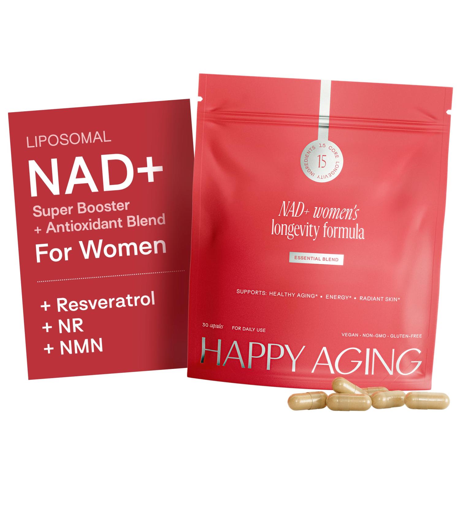 Happy Aging Essential Longevity Formula, NAD+ Super Booster with NR, NMNH & Liposomal -NAD+, Organic Antioxidant Superfruit Blend for Cellular Energy, Skin Hydration & Daily Vitality, 30 Capsules - Buy Online on GoSupps.com