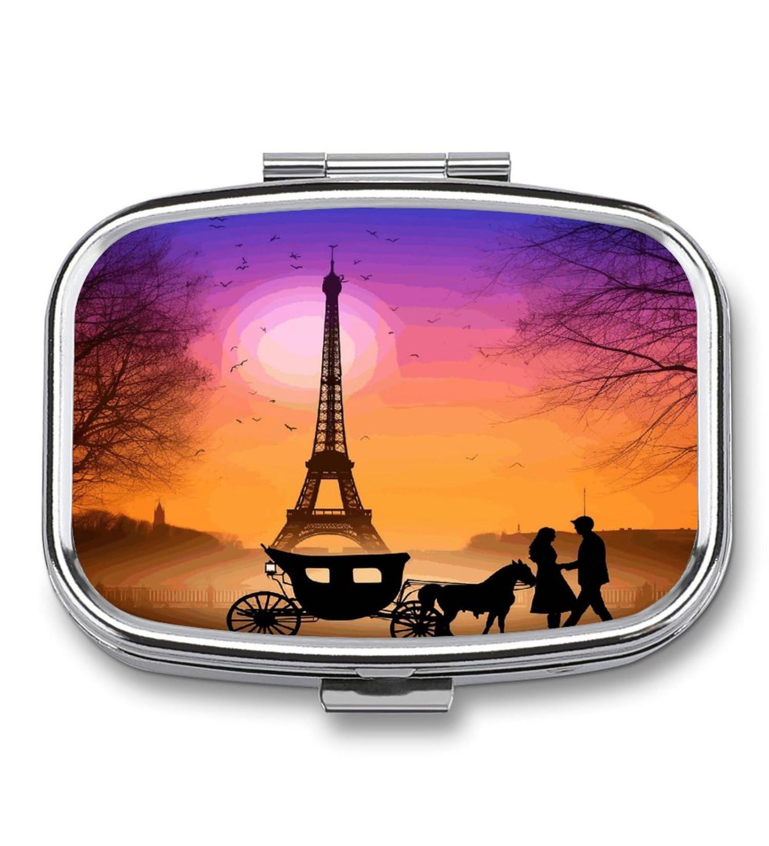 Valentine Paris Eiffel Tower Pill Box - Romantic 2 Compartment Medicine Organizer | Decorative Metal Portable Case for Pocket & Purse - Buy Online on GoSupps.com
