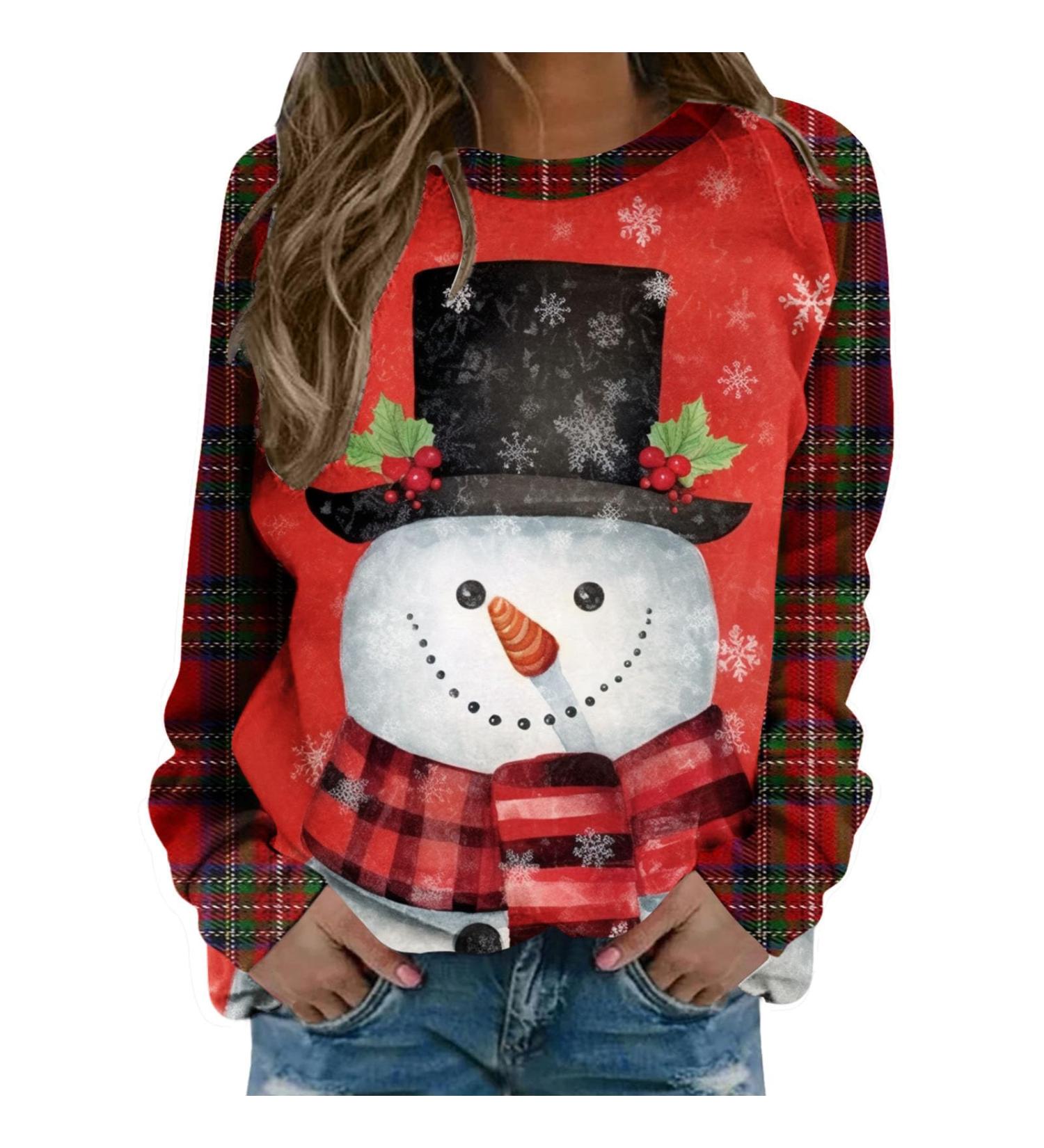 Women's Christmas Sweatshirt - Cute Snowman & Penguin Print O-Neck Raglan Top for Comfy & Warm Xmas Style - Buy Online on GoSupps.com
