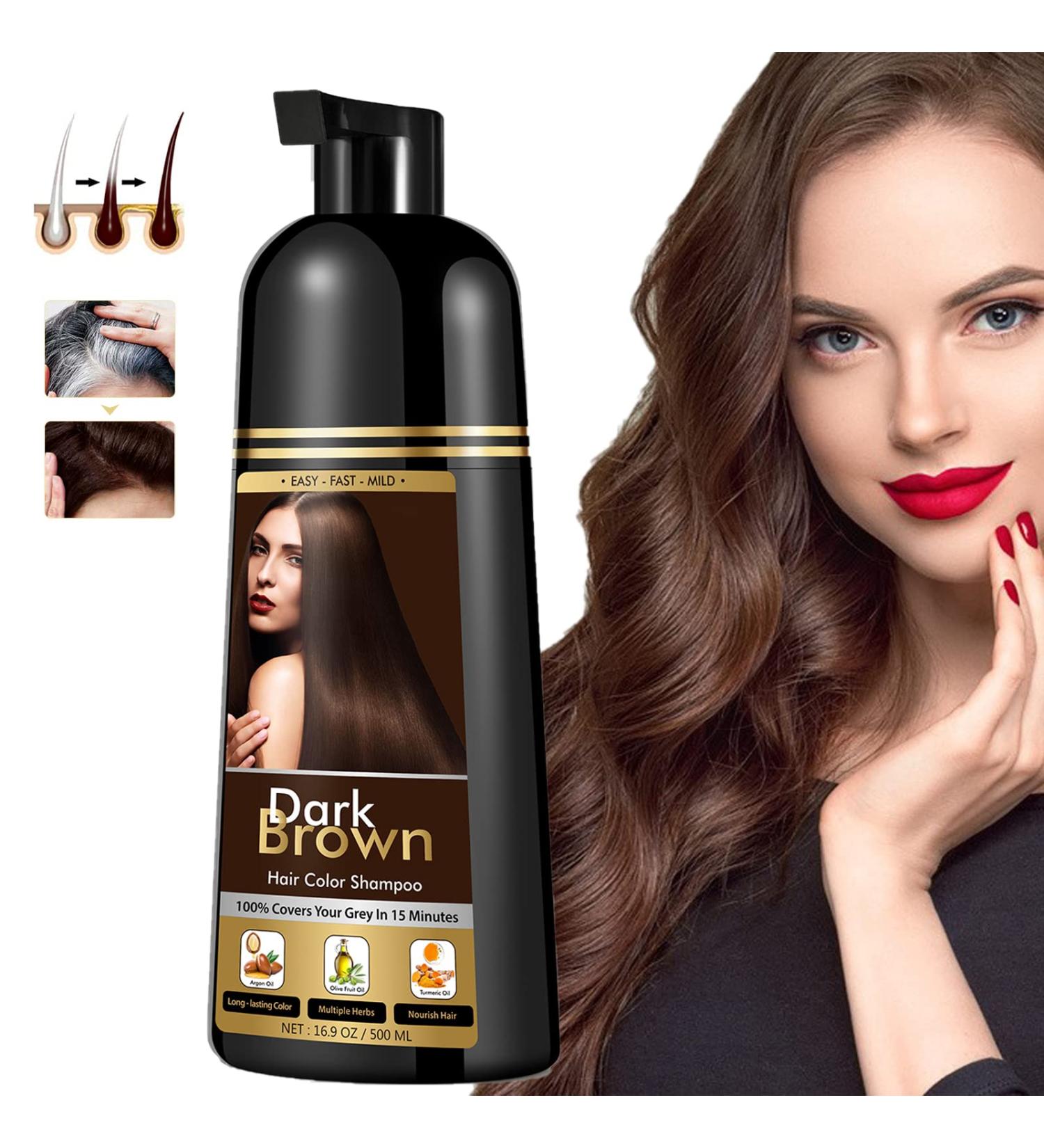 Dark Brown Hair Color Dye Shampoo for Gray Hair - Instant Herbal Ammonia-Free 3-in-1 Formula for Men & Women - Buy Online on GoSupps.com