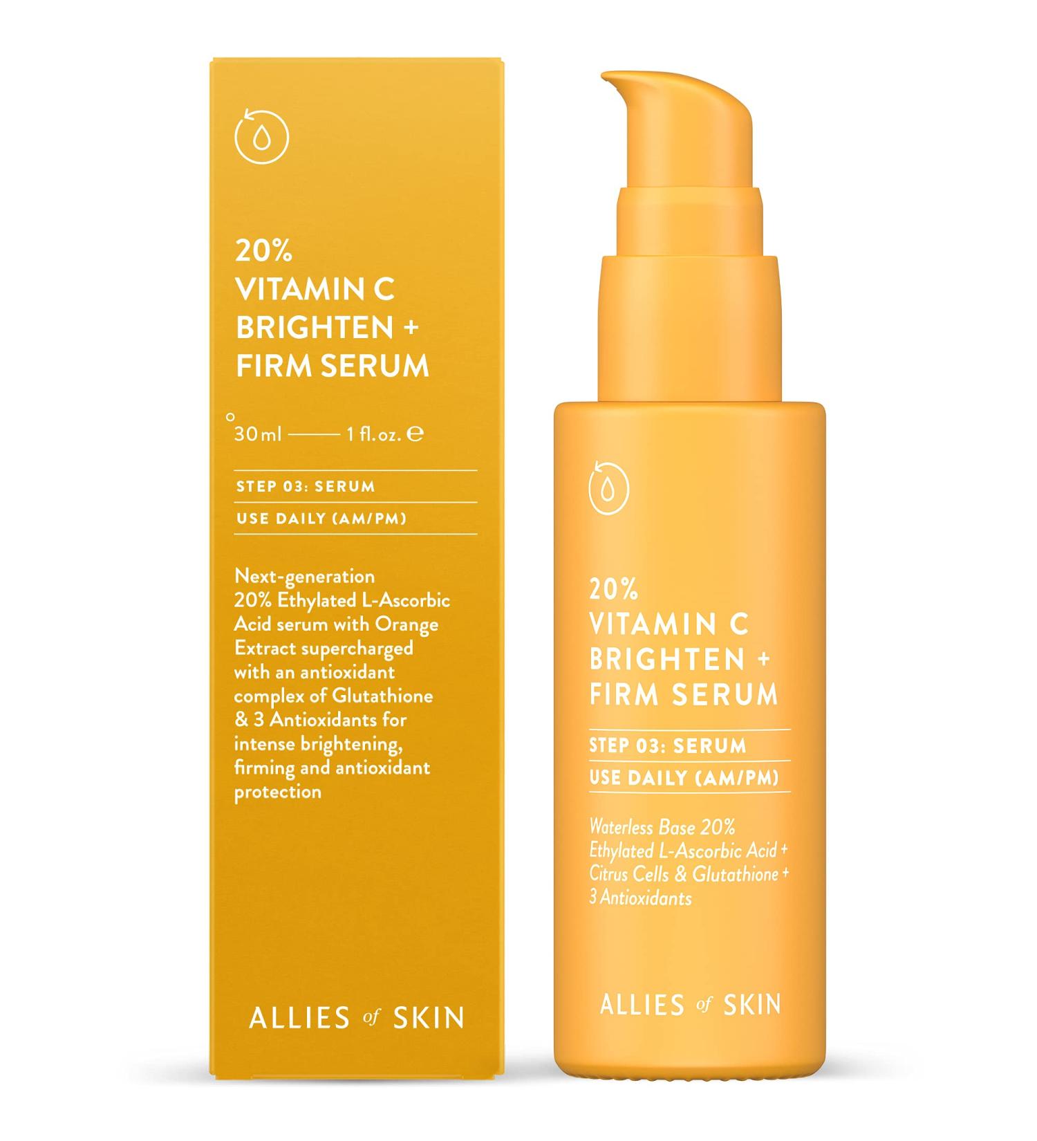 Allies of Skin 20% Vitamin C Brighten & Firm Serum - Boost Radiance with Ethylated L-Ascorbic Acid & Orange Extract - Smooth Elastic Skin - International Shipping - Buy Online on GoSupps.com