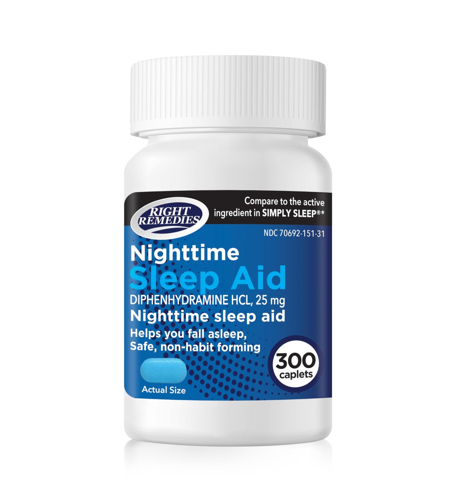 RIGHT REMEDIES Nighttime Sleep Aid Caplets Diphenhydramine HCl 25 mg Safe & Non-Habit Forming Compare to The Active Indgredient in Simply Sleep (300 ct) - Buy Online on GoSupps.com