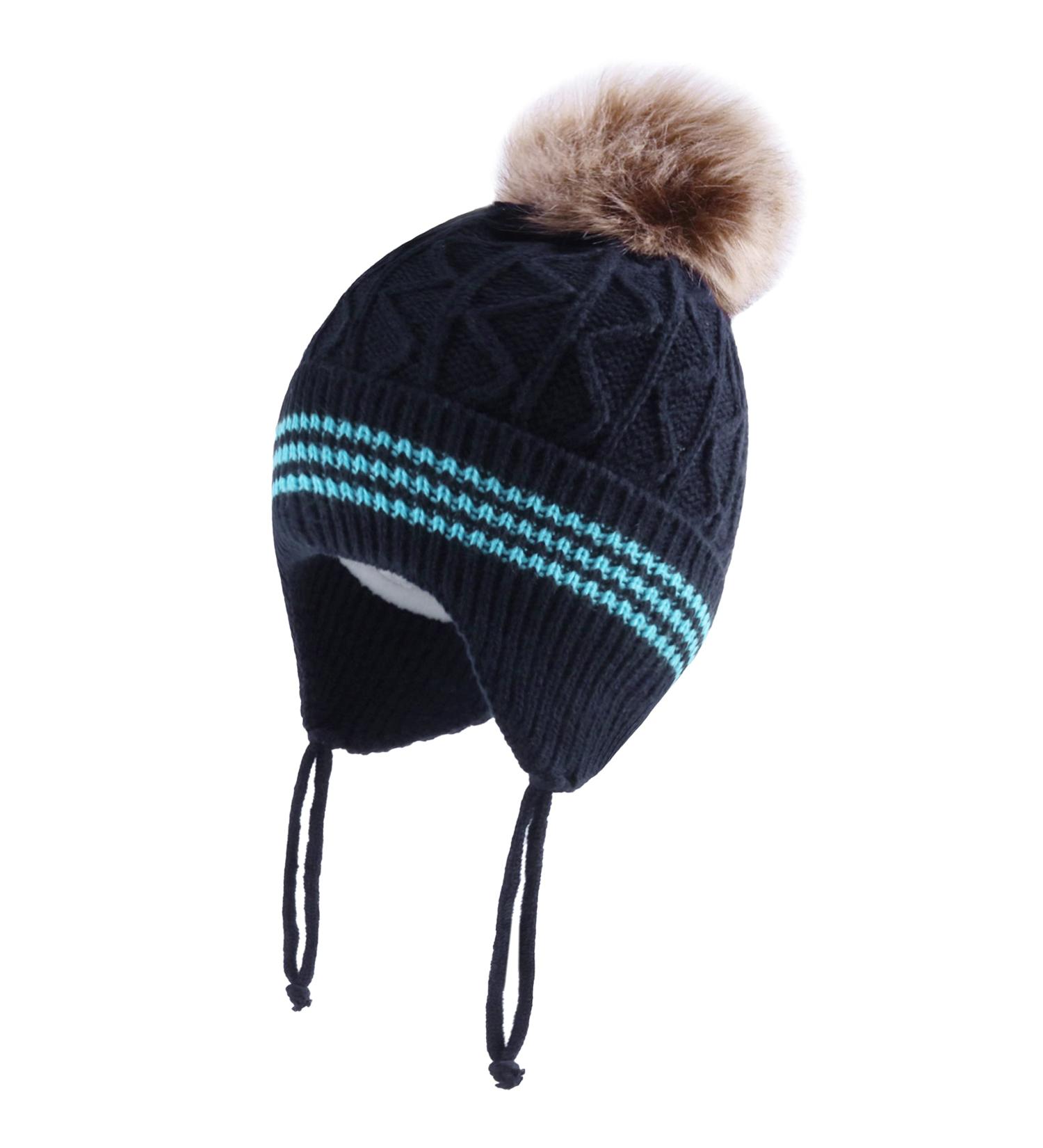 LANGZHEN Toddler Winter Hat Earflap Knit Cap Fleece Lined Beanie for Baby Boys Girls 6-12 Months - Navy-Pompon - Buy Online on GoSupps.com