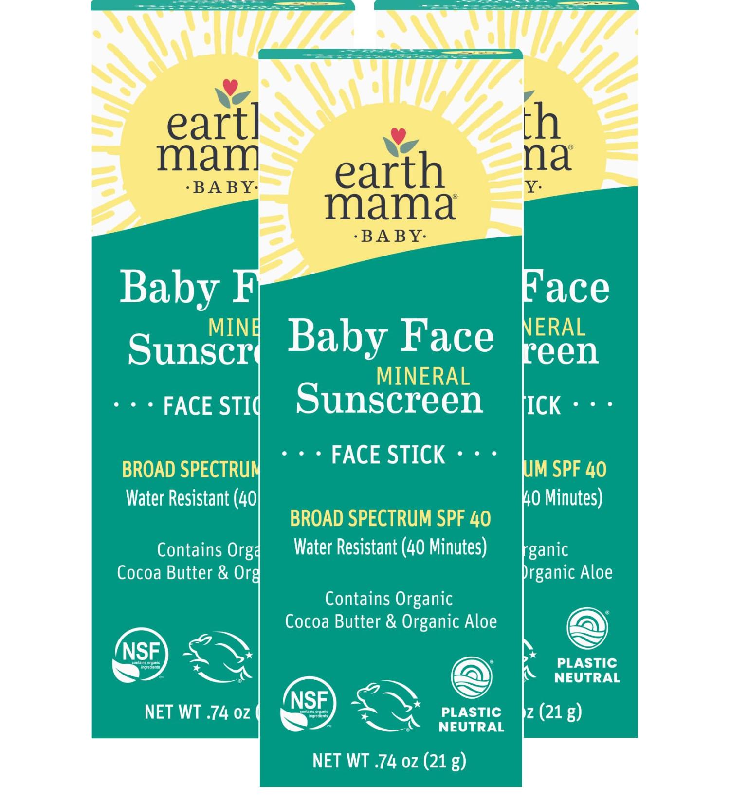 Earth Mama Baby Face Mineral Sunscreen Stick SPF 40 | Non-Nano Zinc Natural Water Resistant Sun Cream for Babies Kids & Adults 0.74-Ounce 3-Pack - Buy Online on GoSupps.com