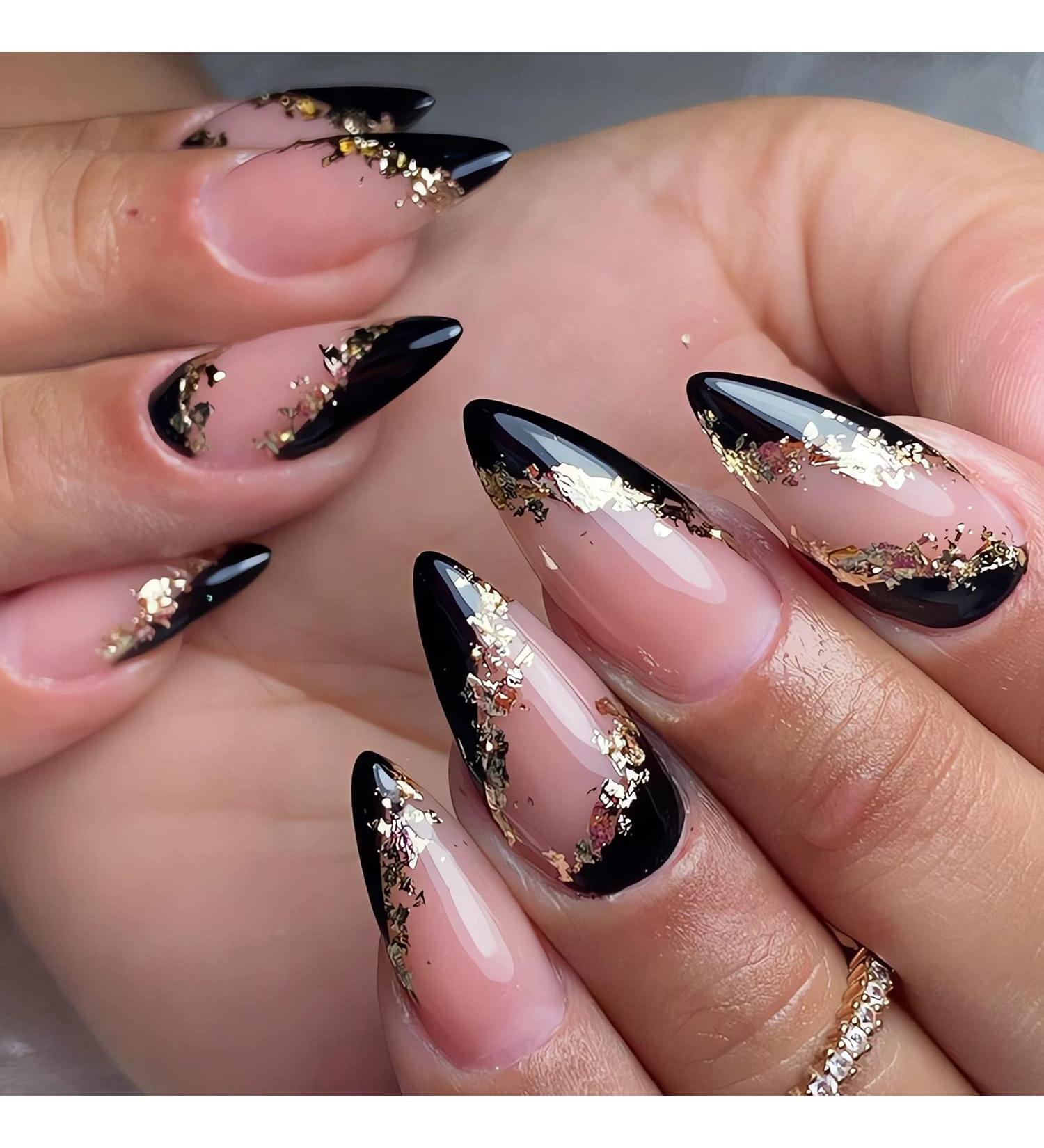 Medium Almond Black French Tip Press on Nails with Gold Foil - 24pcs - Buy Online on GoSupps.com