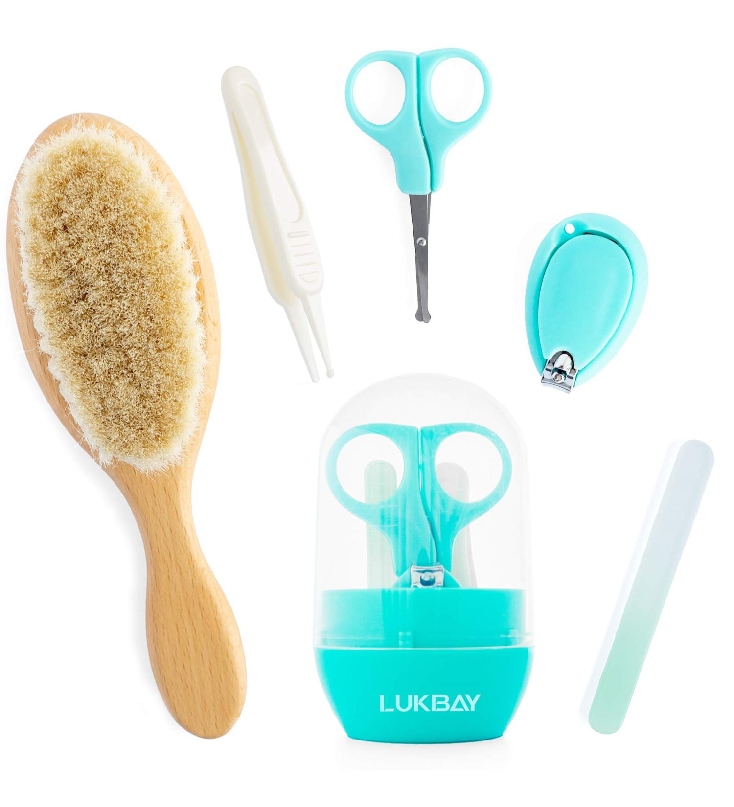 Baby Hair Brush Set with Soft Goat Bristles - Newborn Grooming Kit with Nail Clippers, Scissors, and Nose Cleaning Tweezers - Perfect Baby Shower Gift for Boys and Girls - Buy Online on GoSupps.com
