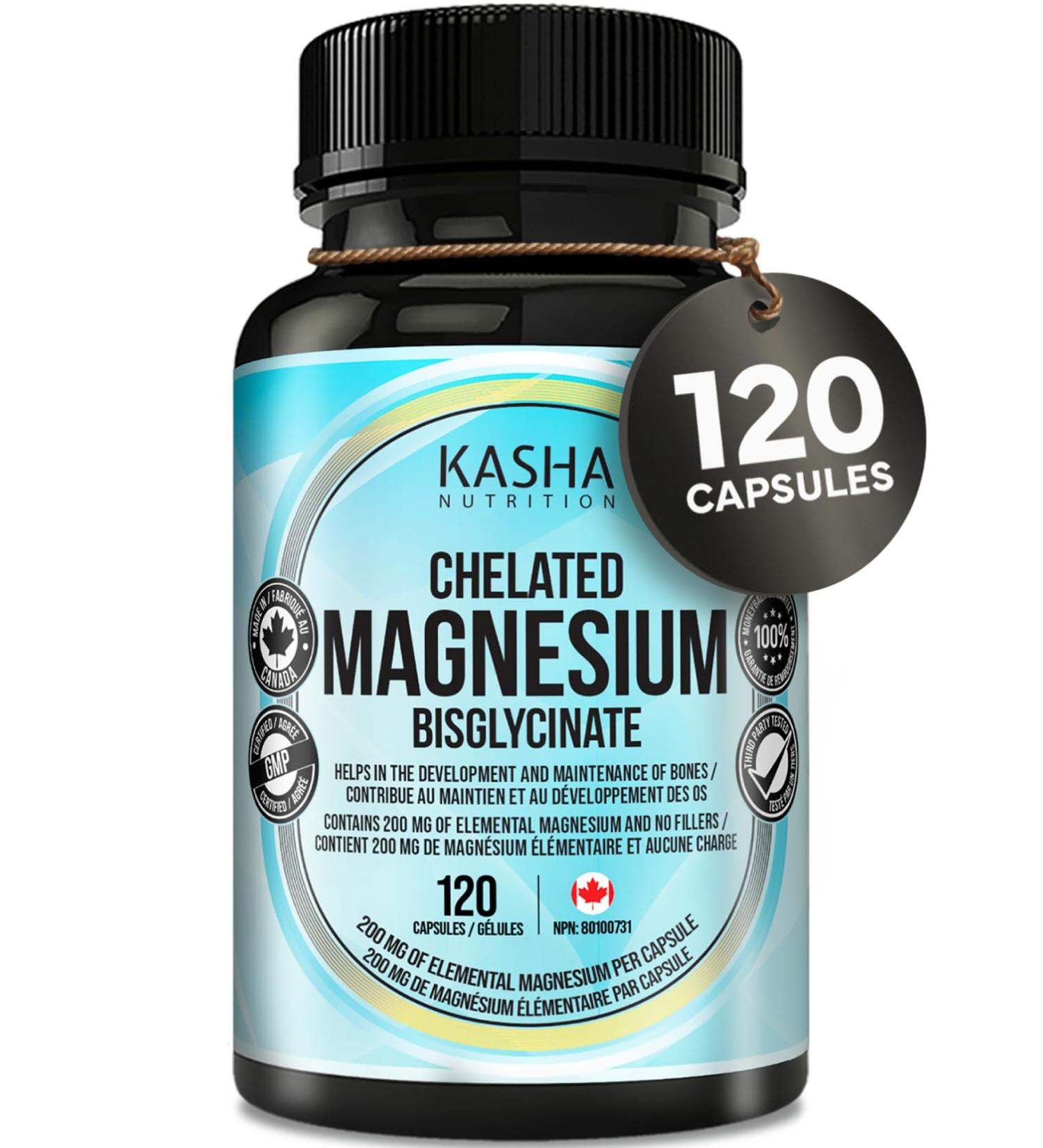 KASHA Nutrition Chelated Magnesium Bisglycinate / Glycinate - 200 mg of Elemental Magnesium | Proudly Canadian | Non-GMO Vegan Soy Free | Non-Habit Forming - Maintains Effectiveness over Long-Term. Appropriate for Daily Use. Vegetarian. (120 Count) 120 co - Buy Online on GoSupps.com