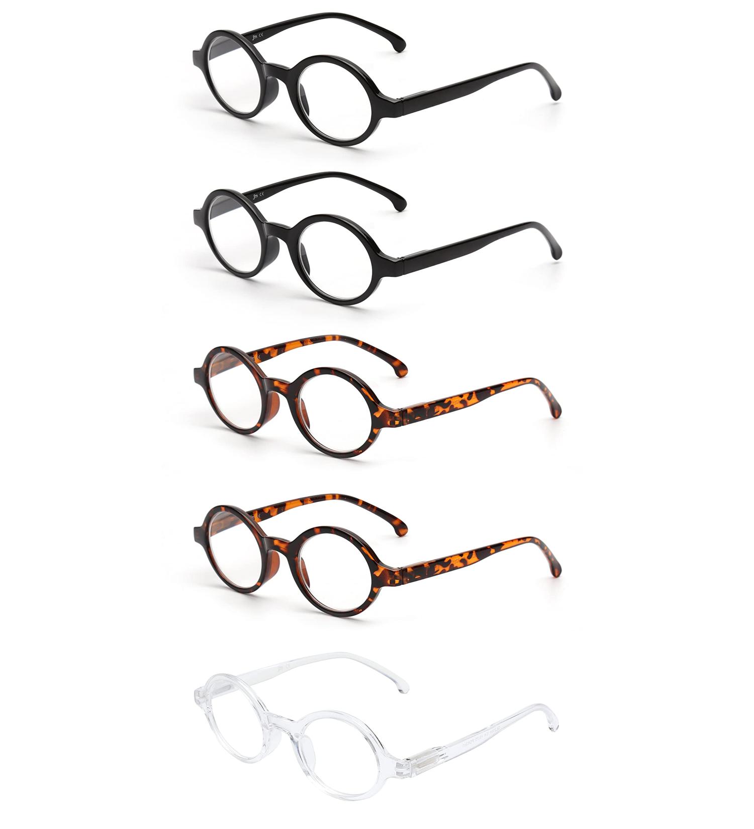 JM Set of 5 Round Reading Glasses | Spring Hinge Eyeglasses for Women & Men | +2.25 Magnification | Black Tortoise & Clear Styles - Buy Online on GoSupps.com