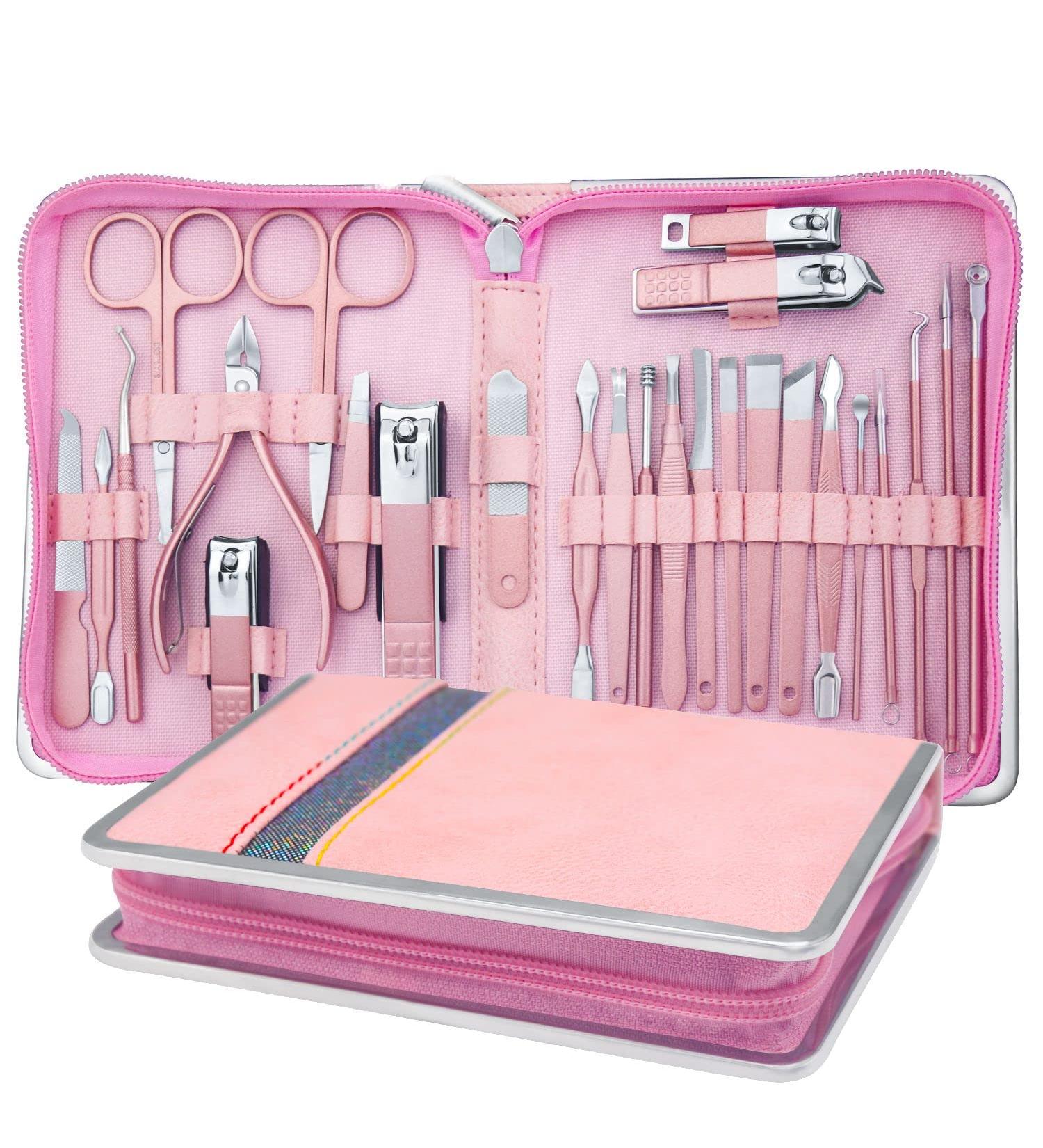 26 in 1 Professional Manicure Set - Stainless Steel Nail Clippers Kit with Travel Case in Pink - Buy Online on GoSupps.com
