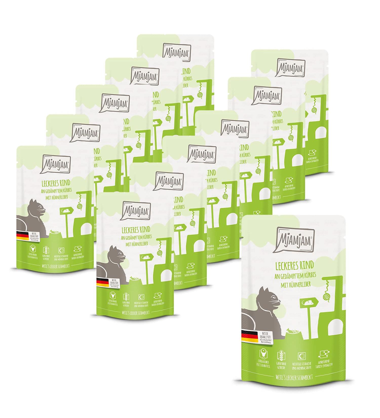 Mjamjam Premium Grain-Free Wet Cat Food - Delicious Cattle & Pumpkin - 12 Pack (125g Each) - Extra Meat Beef - Buy Online on GoSupps.com