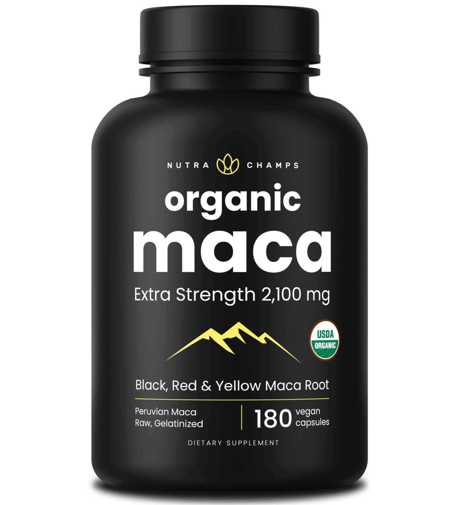 NutraChamps USDA Organic Maca Root Capsules for Women & Men, 2100mg, 180 Capsules, Black, Red & Yellow, Peruvian Maca Peruana, Extra Strength Pure Premium Gelatinized Root Powder Supplement 180 Count (Pack of 1) - Buy Online on GoSupps.com