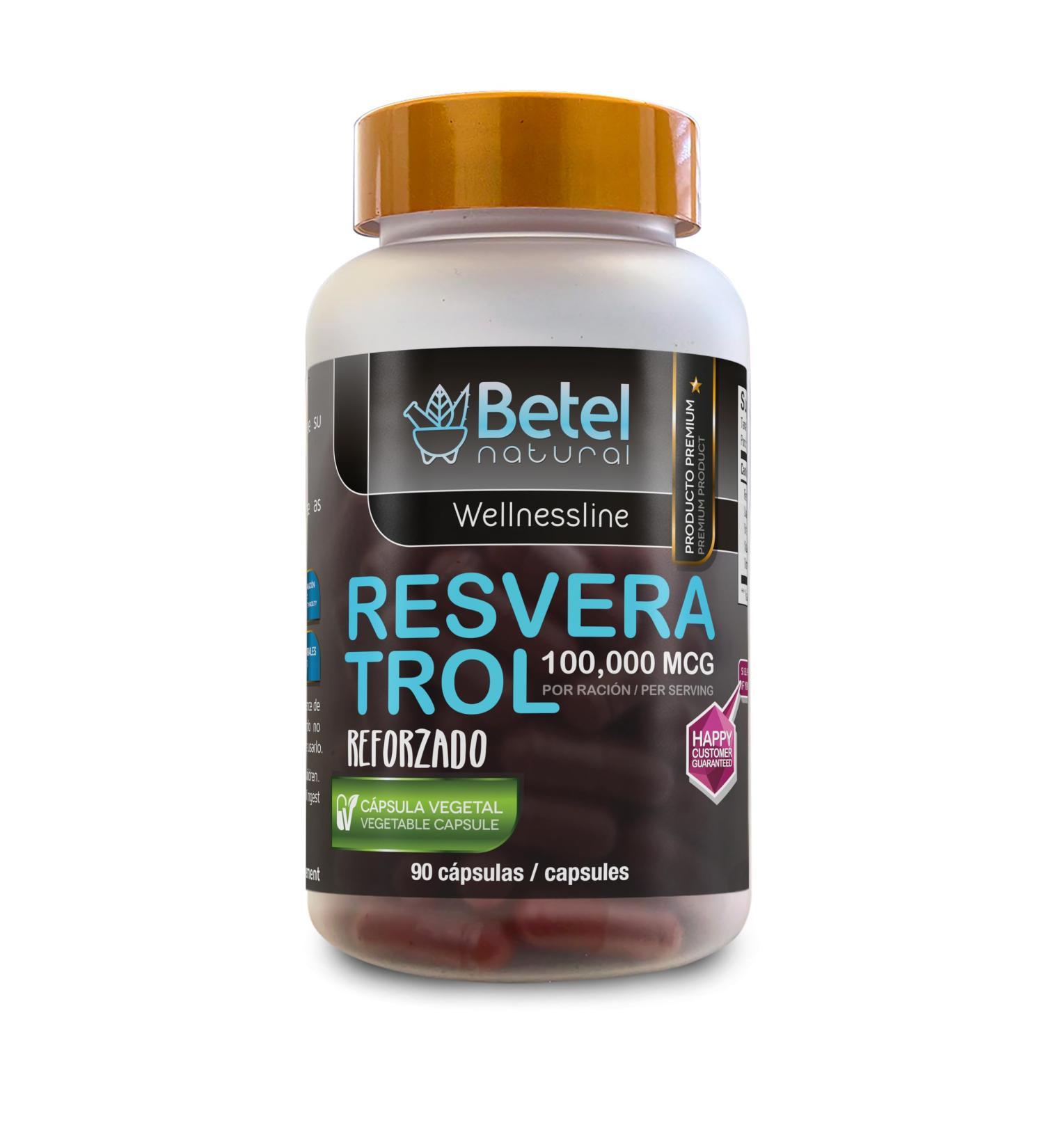 Betel Natural Resveratrol Reforzado - 100 000 mcg | 90 C psulas Vegetales Suplemento Premium Antioxidante con Vitaminas C E A y Extracto de Uva Wellnessline