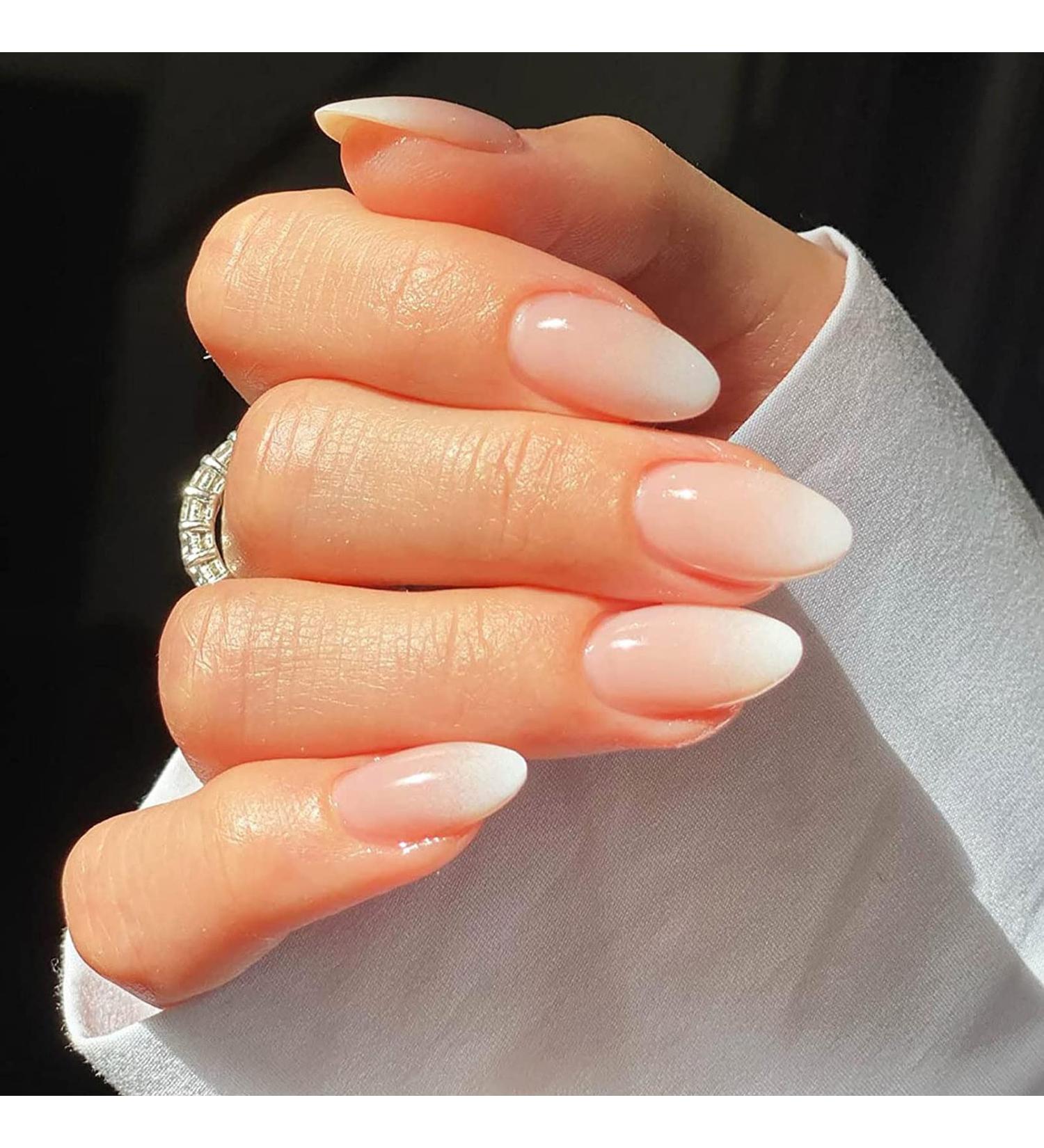 Gradient Almond False Nails - Short 24Pcs Nude Pink Fake Nails with Nail Glue - French Nail Tips for Women and Girls - Buy Online on GoSupps.com