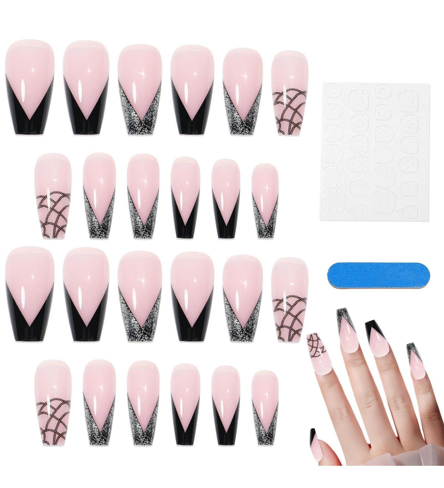2Pcs Long False Nails With Glue | Press On Nails Kit | 24 Pieces Press on Medium Length Nails Usable False Nails with Jelly Glue Adhesive and Nail File Generic Tools - Buy Online on GoSupps.com