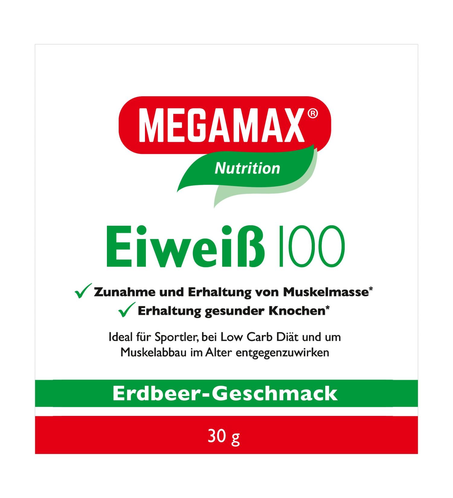 MegaMax Strawberry Protein Powder 30g | Low Carb Aspartame-Free Ideal for Muscle Building & Baking | High-Dosed Whey & Milk Protein Blend - Buy Online on GoSupps.com