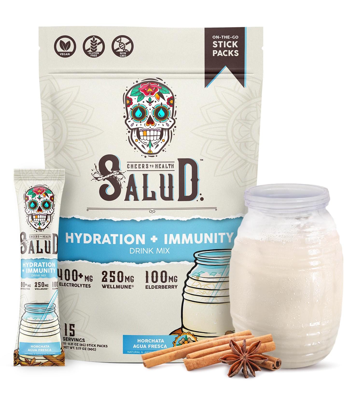Salud 2-in-1 Hydration & Immunity Electrolytes Powder - Horchata Jamaica Drink Mix Elderberry Vegan Low-Calorie Non-GMO - 15 Servings - Buy Online on GoSupps.com