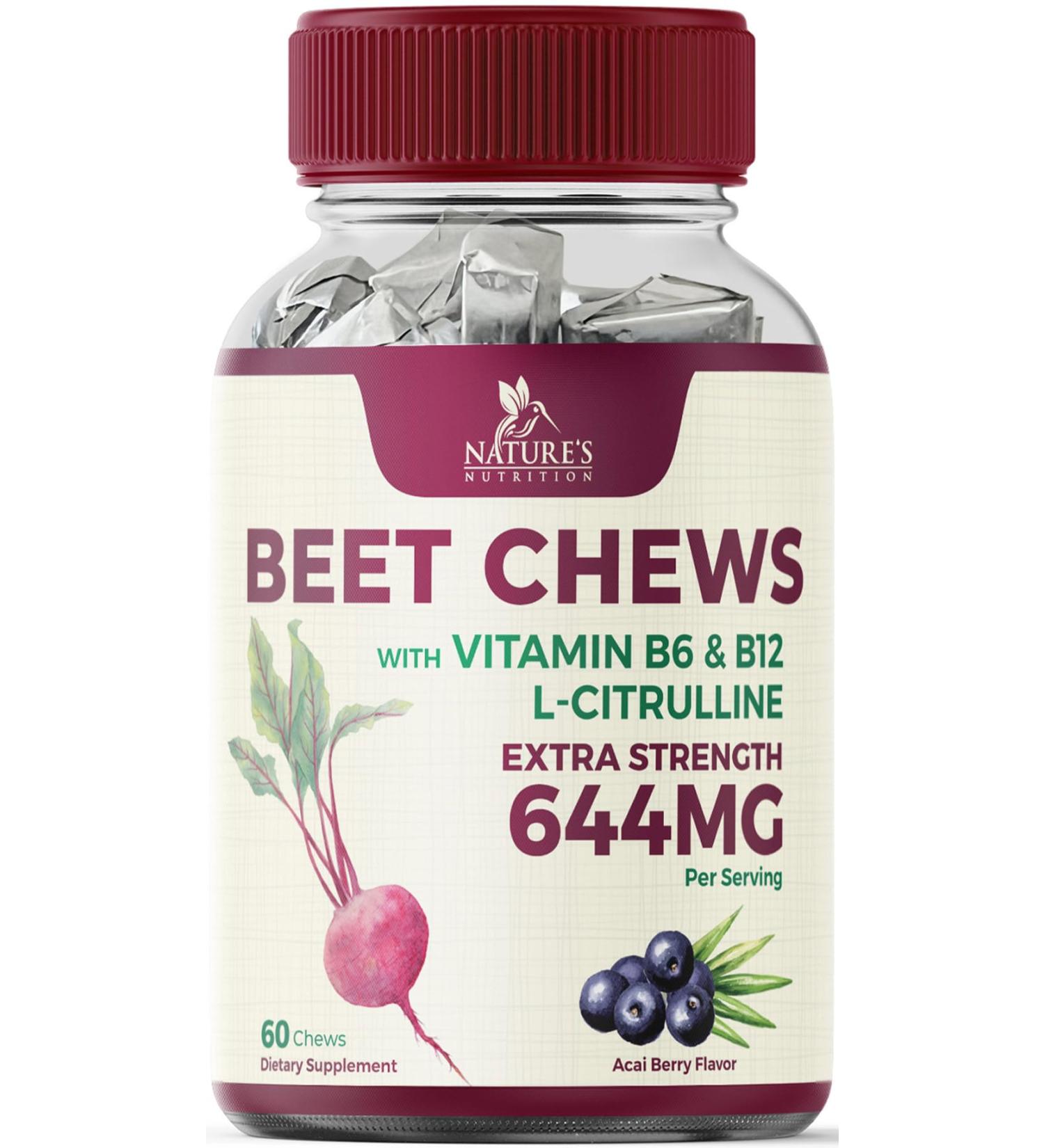 Beet Chews - Vegan Soft Beetroot Chewables with Grape Seed Extract for Heart Health & Energy - Antioxidant-Rich Berry Flavor | 60 Count - Buy Online on GoSupps.com