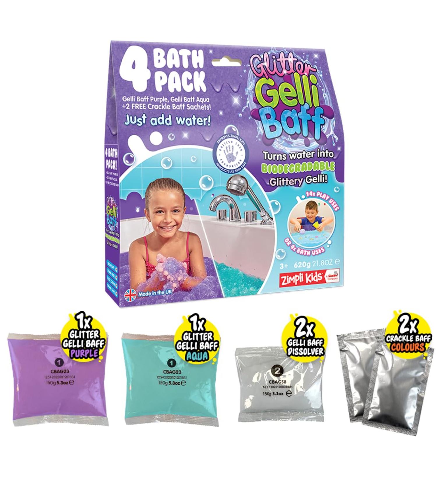 GELLI Baff 4 USE 4 X Purple & Aqua Glitter GELLI - 600G Turn Water Into Colourful Goo Children's Sensory and Bath Toy Certified Biodegradable Gift - Buy Online on GoSupps.com