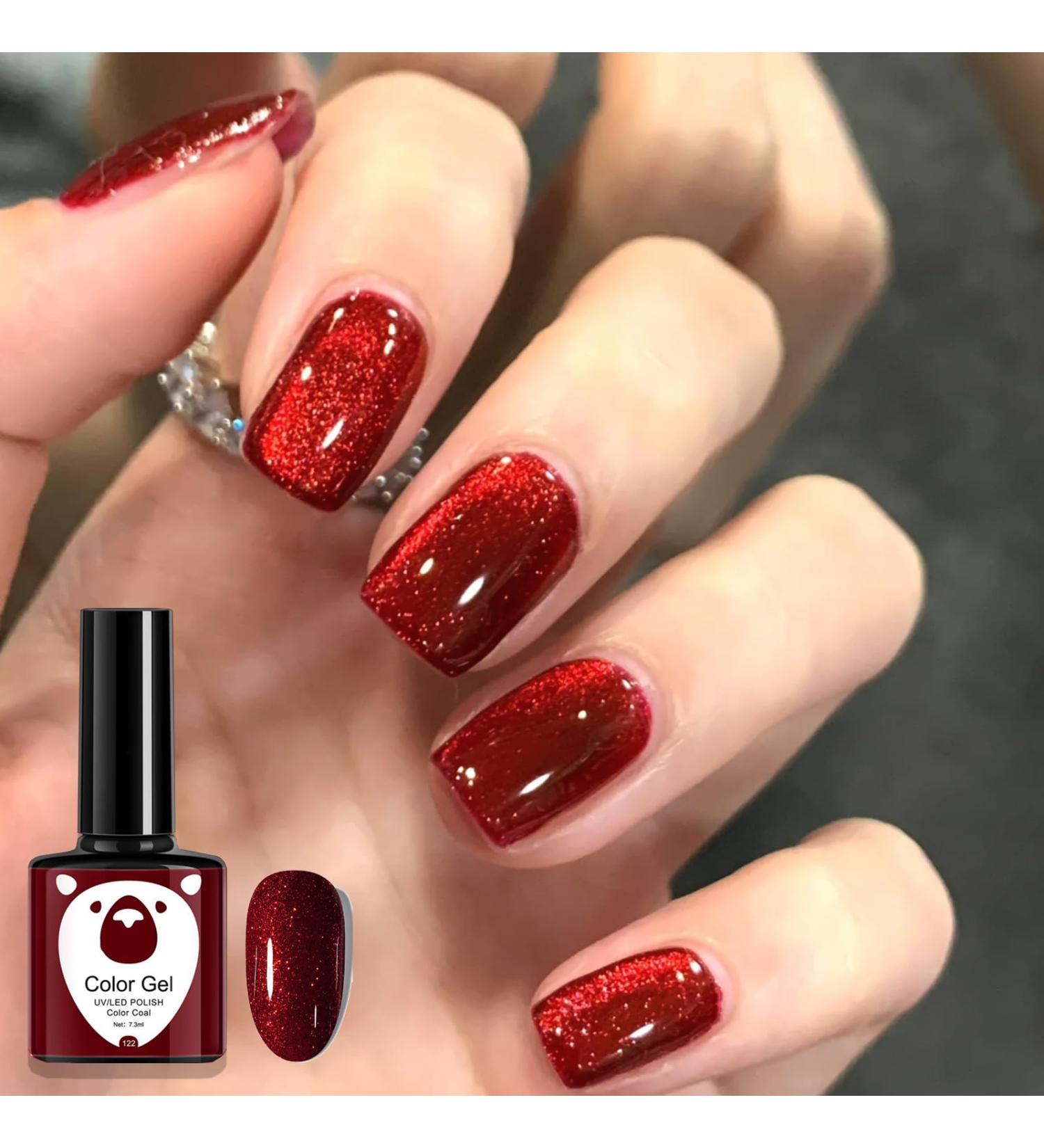 Red Gel Nail Polish Glitter Dark Red Burgundy Cherry Red Gel Polish Soak Off LED/UV Lamp Manicure Long Lasting Gel Nail Varnish for Christmas Women Nail Art Salon DIY Home - Buy Online on GoSupps.com