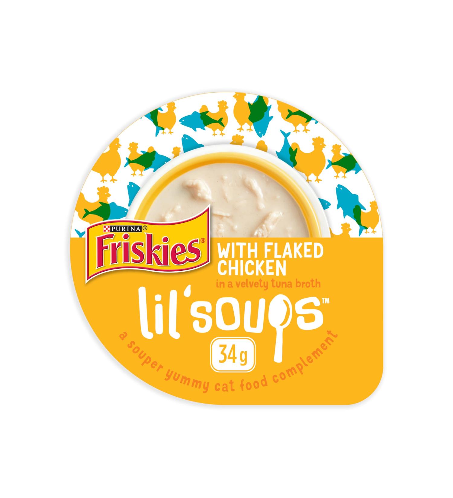 Friskies Lil' Soups Cat Food Complement Flaked Chicken - 34 g Cup (8 Pack) Flaked Chicken in Tuna Broth - Buy Online on GoSupps.com
