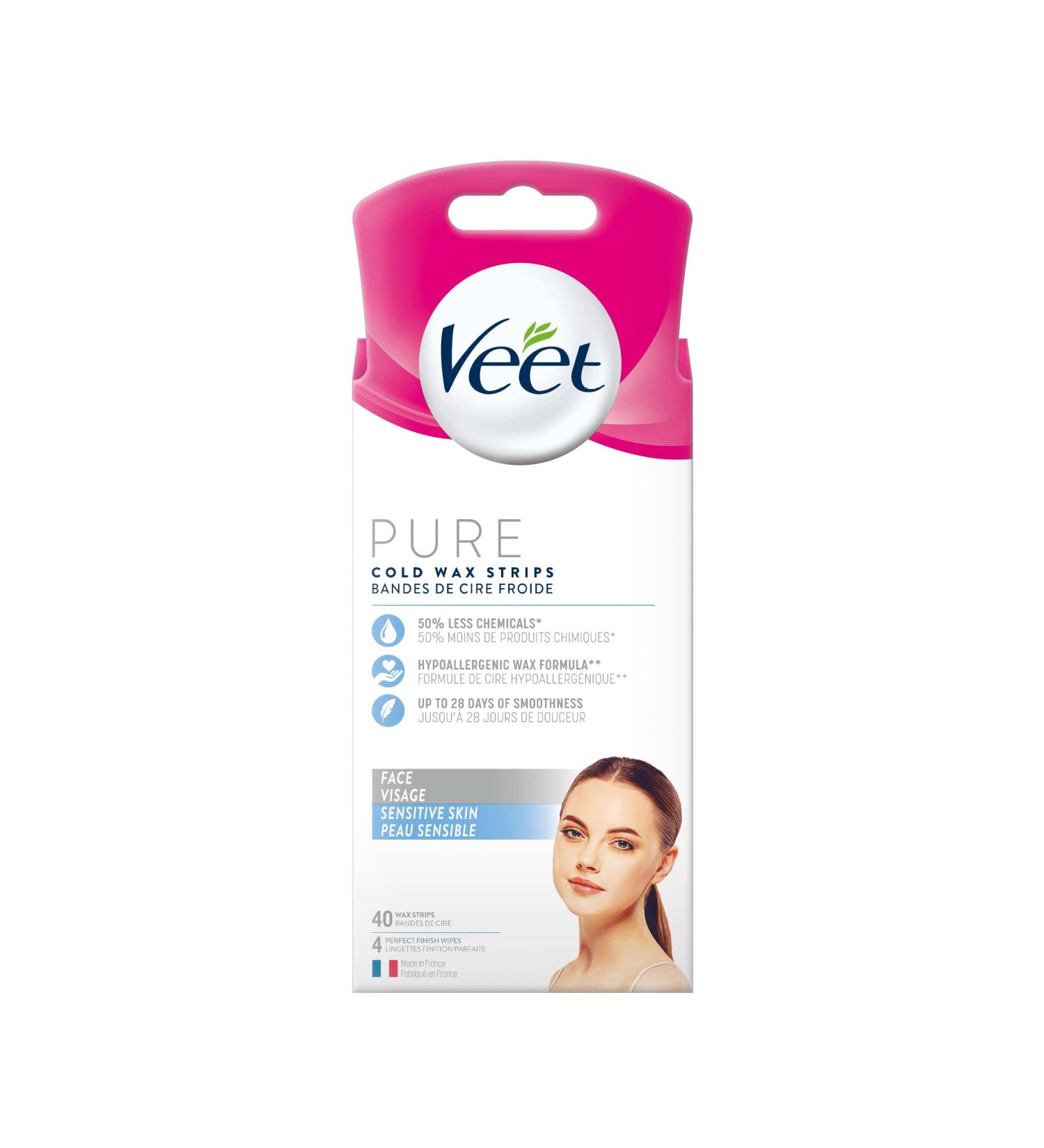 Veet PURE Face Wax Strips Sensitive Skin Hypoallergenic Formula 40ct White 40 count (Pack of 1) White - Buy Online on GoSupps.com