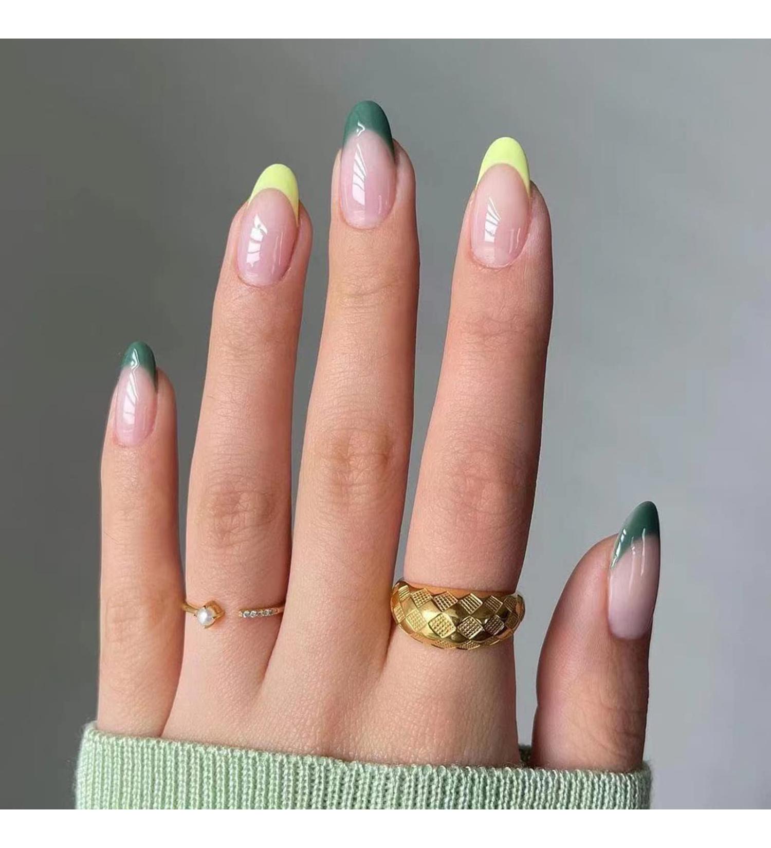 Justotry 24-Piece Almond Press-On Nails - Short Yellow & Teal French Acrylic Fake Nails for Women - Buy Online on GoSupps.com