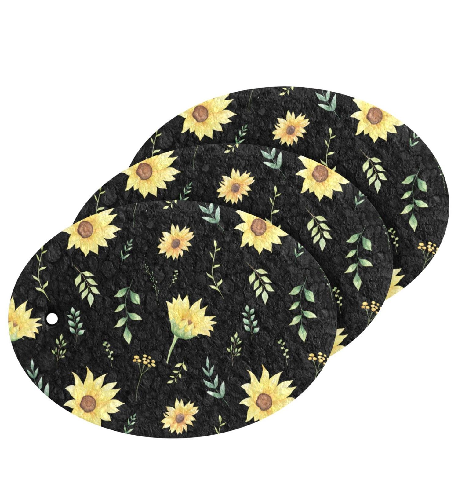 3-Pack Cleaning Kitchen Sponges Oval Sunflower Watercolor Black Kitchen Cellulose Dishwashing Wood Pulp Cotton - Buy Online on GoSupps.com
