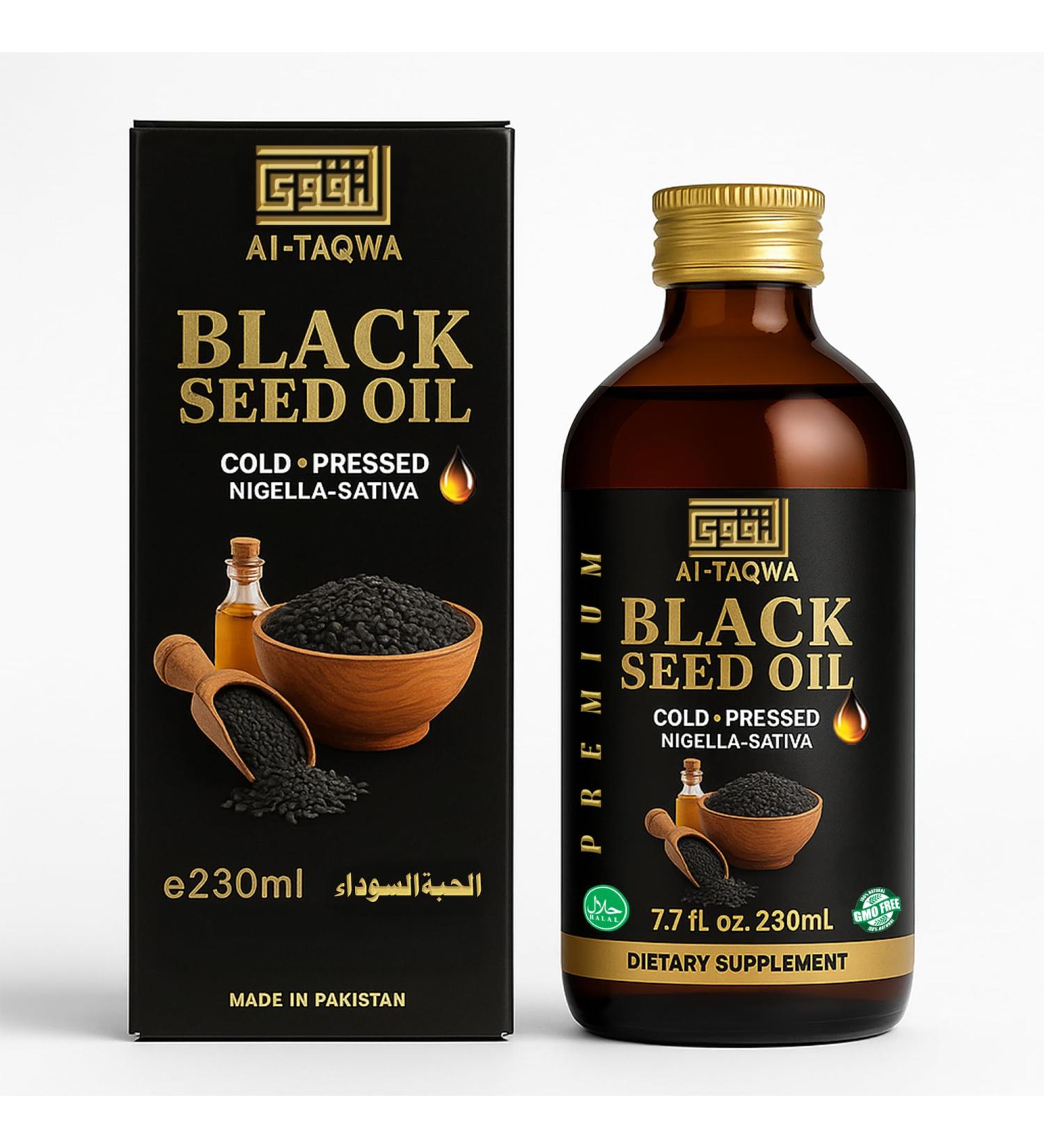 AL-TAQWA Black Seed Oil Extra Virgin Nigella Sativa (Kalonji) Oil for Hair Skin & Wellness Cold-Pressed Unrefined Non-GMO Vegan Halal 7.77oz (230ml) Amber Glass Bottle - Buy Online on GoSupps.com