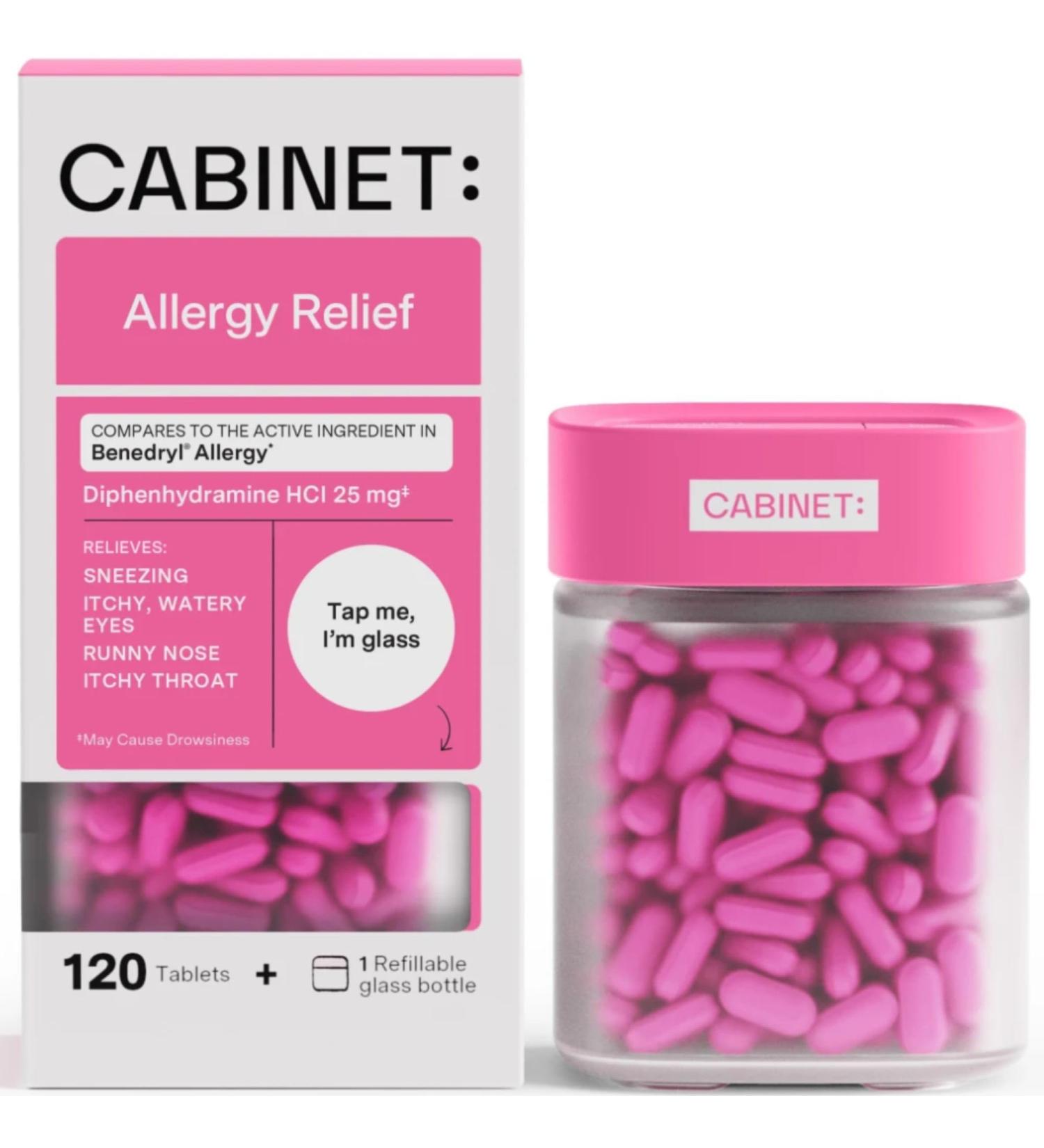 Diphenhydramine 25mg Allergy Relief Tablets - 120 Count | Antihistamine for Allergies Hay Fever & Runny Nose | Refillable Glass Bottle - International Shipping Available - Buy Online on GoSupps.com