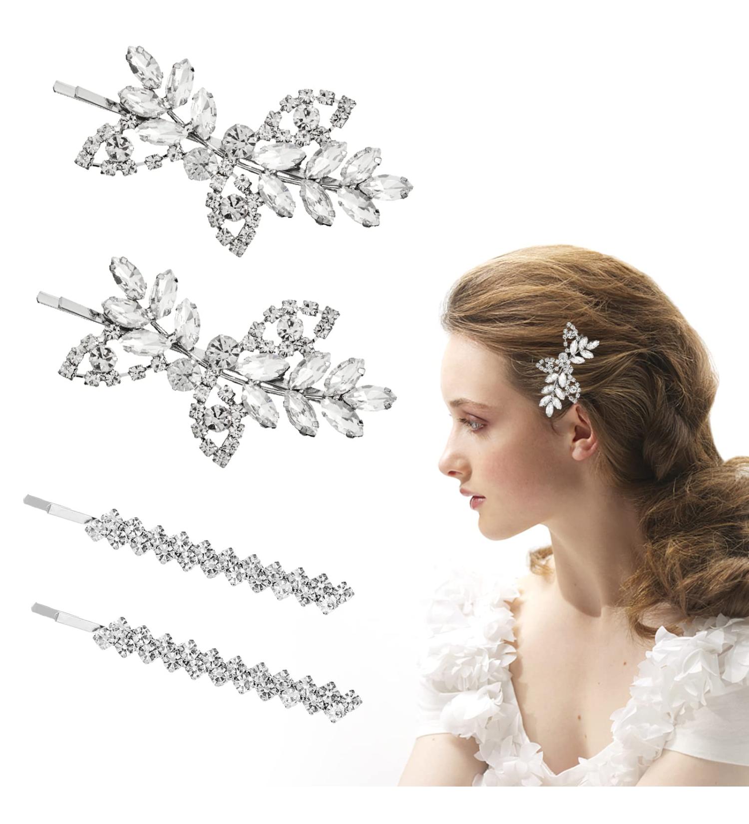4 Pieces Rhinestone Bridal Hair Clips Shining Wedding Leaf Hair Clips Crystal Hair Clips Bridal Wedding Hair Clips Silver Crystal Barrette Hair Clips for Women Girls (2 Styles) - Buy Online on GoSupps.com