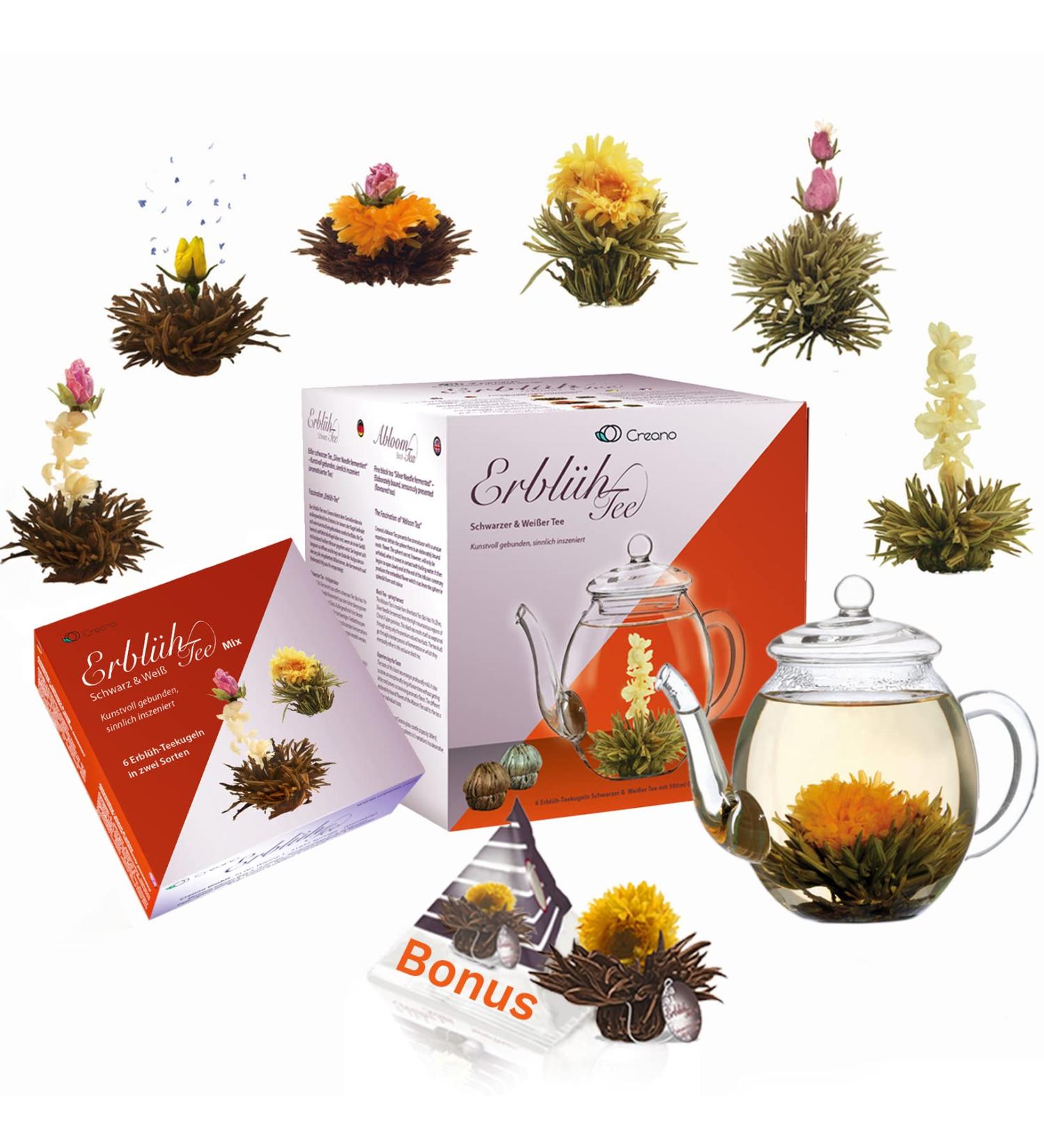 Creano Tea Blower Gift Set - 500 ml Glass Jugs 6 Black & White Teas + Tealini Black Tea Bonus | Perfect International Gift! - Buy Online on GoSupps.com