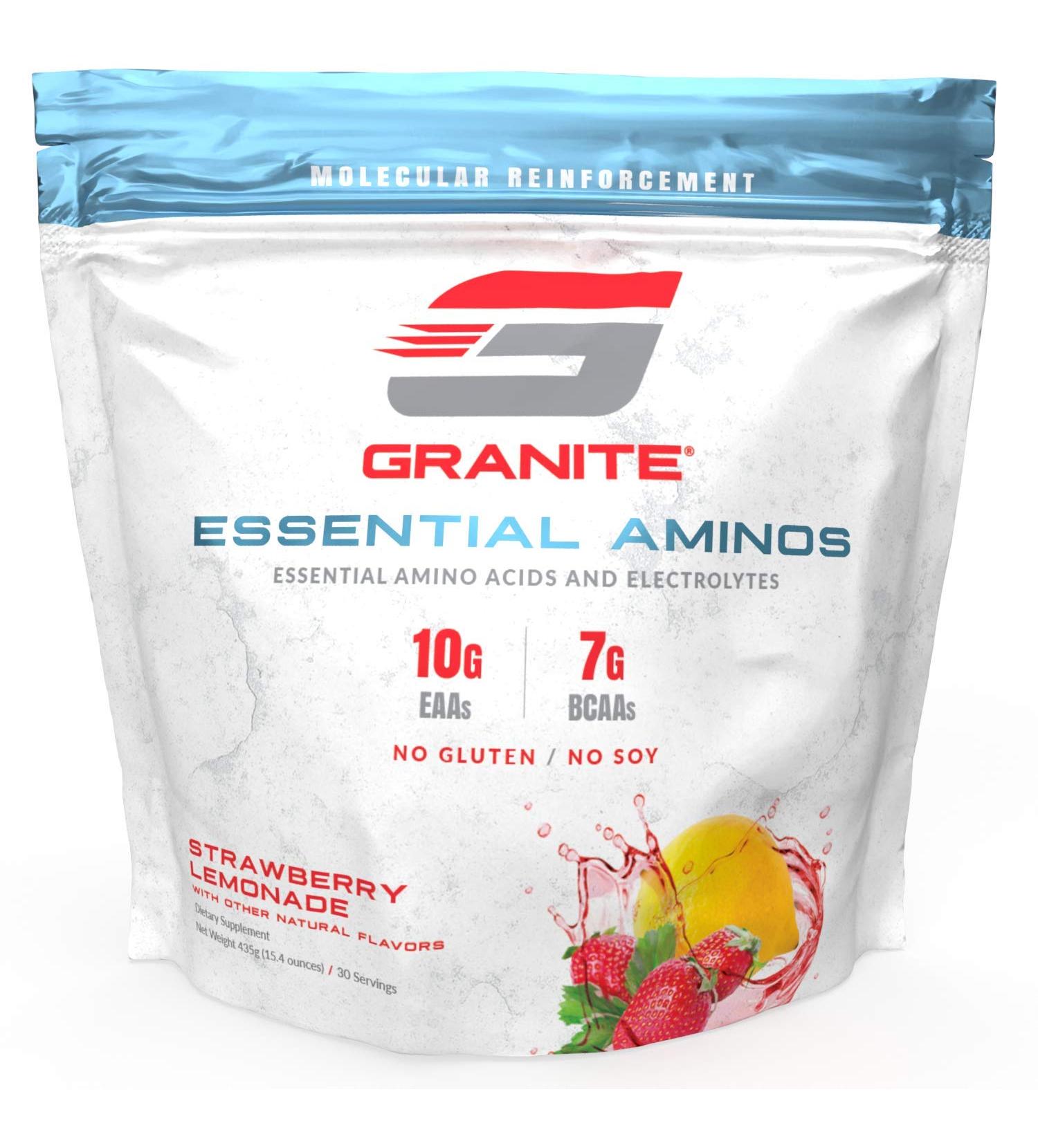 Granite Essential Amino Acids + BCAAs + Electrolytes (Strawberry Lemonade) | 10g EAAs + 7g BCAAs | Muscle Growth Support | Soy, Gluten Free, Vegan | USA Made - Buy Online on GoSupps.com