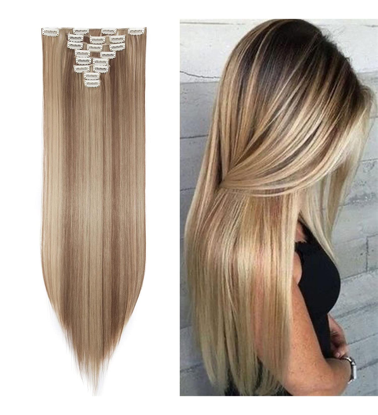Shop Clip-In Hair Extensions - 18 Clips 66cm Light Brown & Ash Blonde - Real & Synthetic Tresses for a Full Head of Hair - Buy Online on GoSupps.com