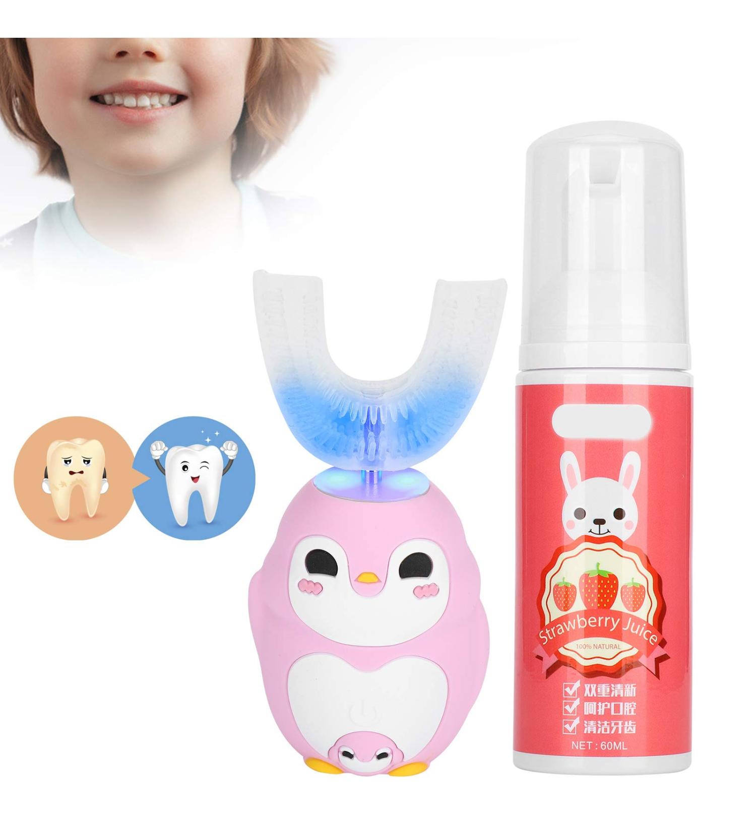 U-Shaped Children's Electric Toothbrush - Soft Pebble Brush Head Cartoon Design Toddler Friendly Includes Mousse 60ml - Pink - Buy Online on GoSupps.com